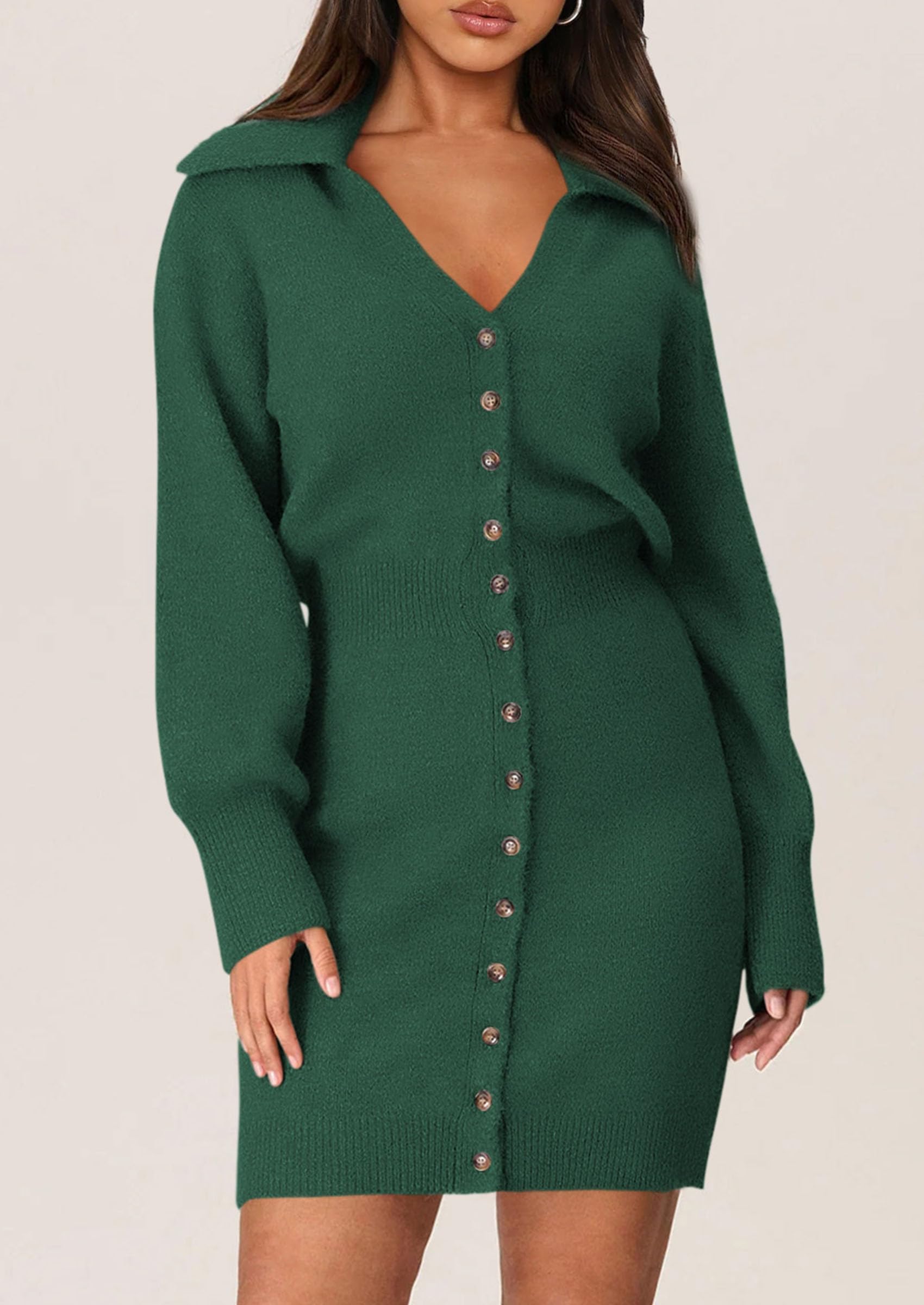 PRETTYGARDEN Sweater Dresses for Women Trendy Long Sleeve Button Down Short Spring Dress