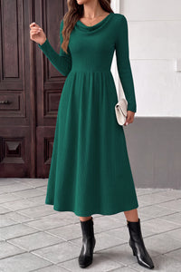 PRETTYGARDEN Women Casual Cowl Neck Long Sleeve Midi Dress