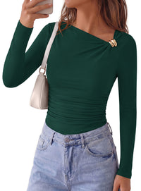 PRETTYGARDEN Long Sleeve Shirts for Women 2026 Ruched Knit Asymmetrical Tight Fitted Going Out Tops Y2k Fall Clothes