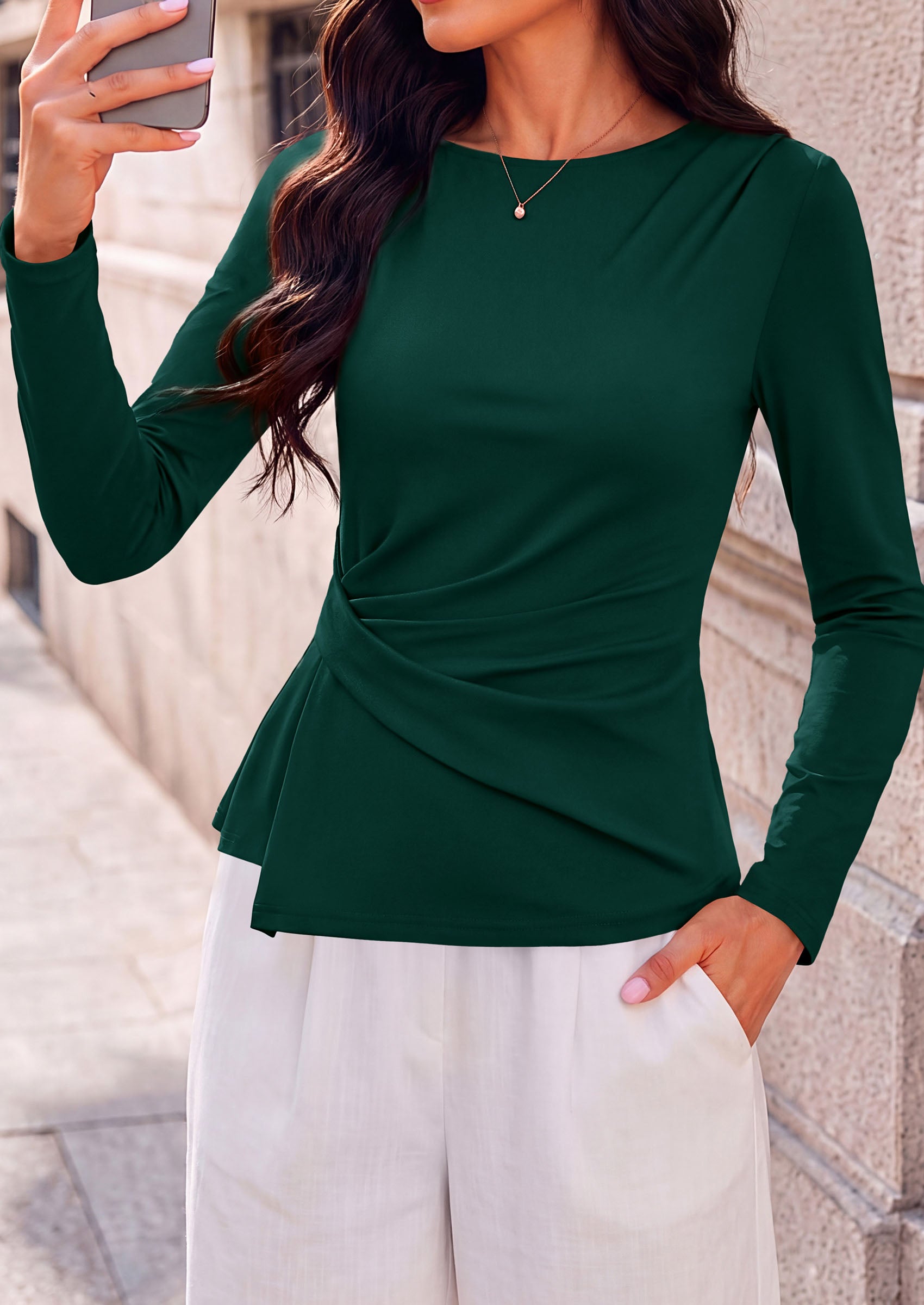 PRETTYGARDEN Womens Ruched Tops Casual Long Sleeve Shirt  Soft Stretchy Knit, Round Neck Slim Fitted Shape, Pleated Asymmetrical Hem, Office Work Daily Wear, Trendy Fall Outfits