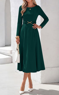PRETTYGARDEN Women's Fall Long Sleeve Semi Formal Midi Dresses with Pockets Boat Neck, Metal Buckle Tie Waist, Flowy A Line, Elegant Classy Wedding Guest Cocktail Party Dress, Business Casual Outfits