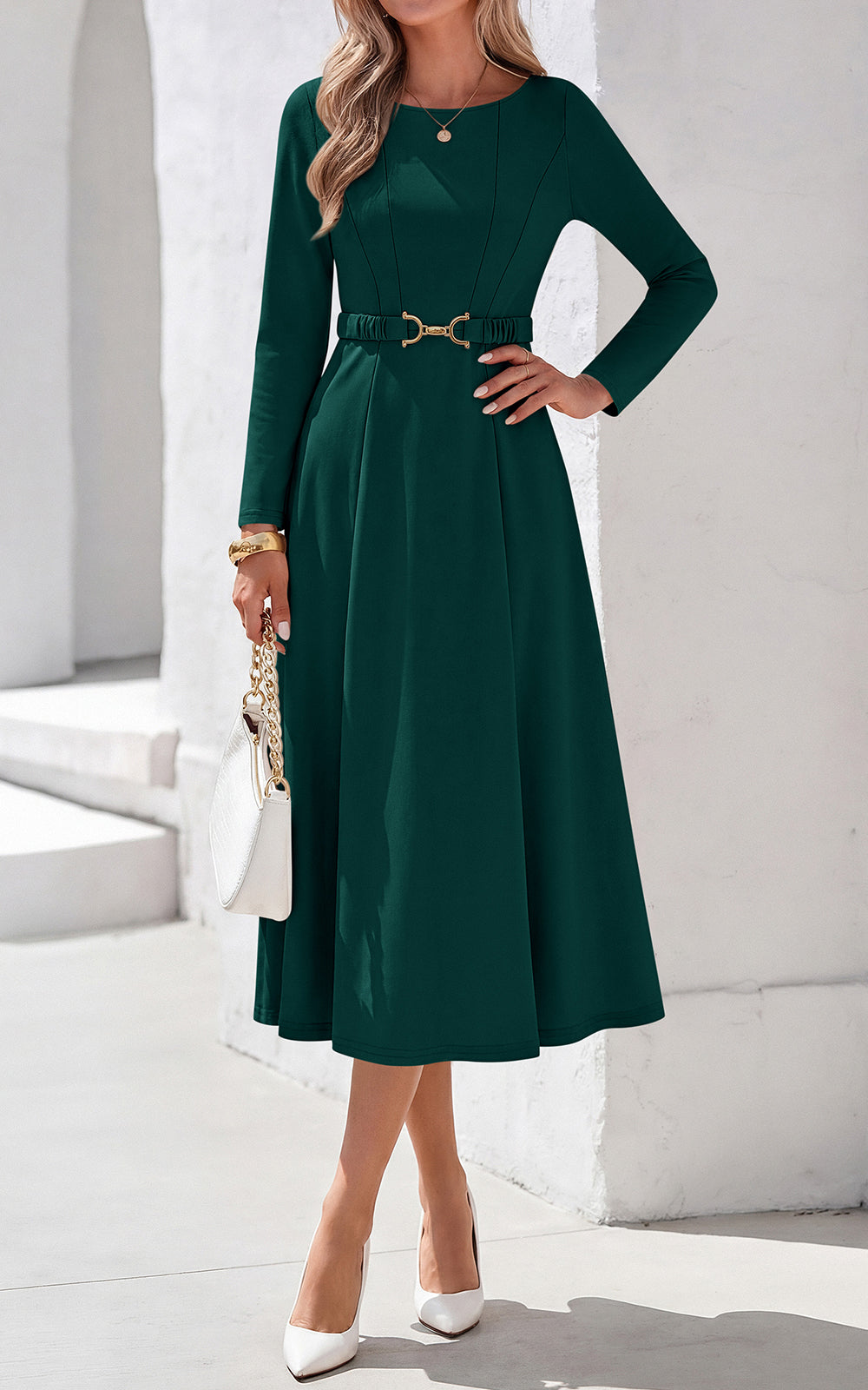 PRETTYGARDEN Women's Fall Long Sleeve Semi Formal Midi Dresses with Pockets Boat Neck, Metal Buckle Tie Waist, Flowy A Line, Elegant Classy Wedding Guest Cocktail Party Dress, Business Casual Outfits