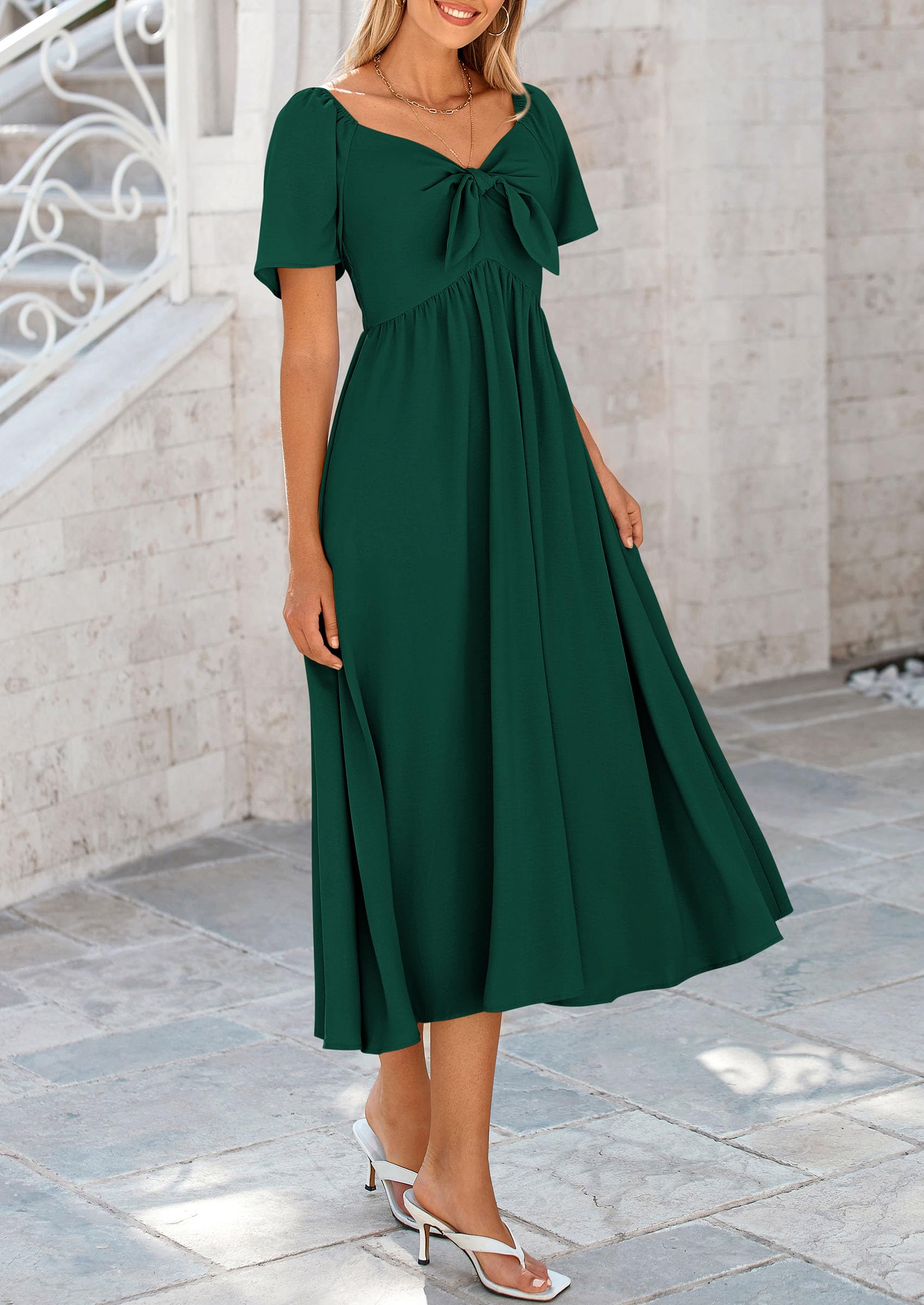 PRETTYGARDEN Summer Dress for Women Casual Short Sleeve Bow Tie V Neck Ruffle Midi Flowy Dresses