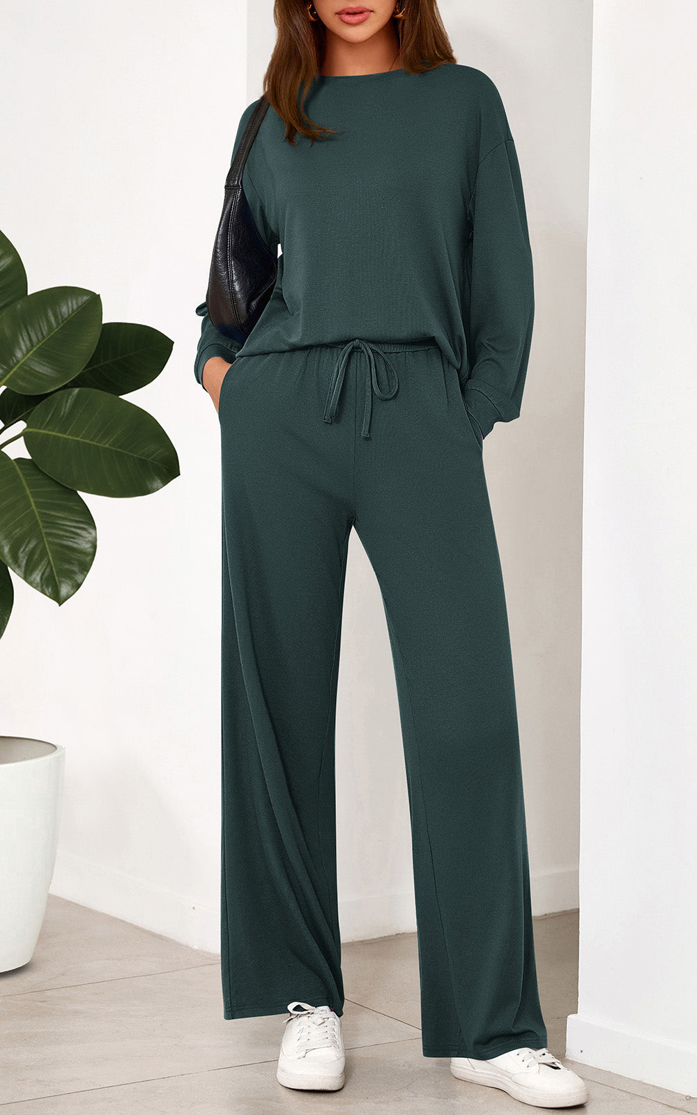 PRETTYGARDEN Womens 2 Pieces Lounge Sets Crewneck Long Sleeve Wide Leg Drawstring Pants Tracksuits Loose Fit Outfits Set