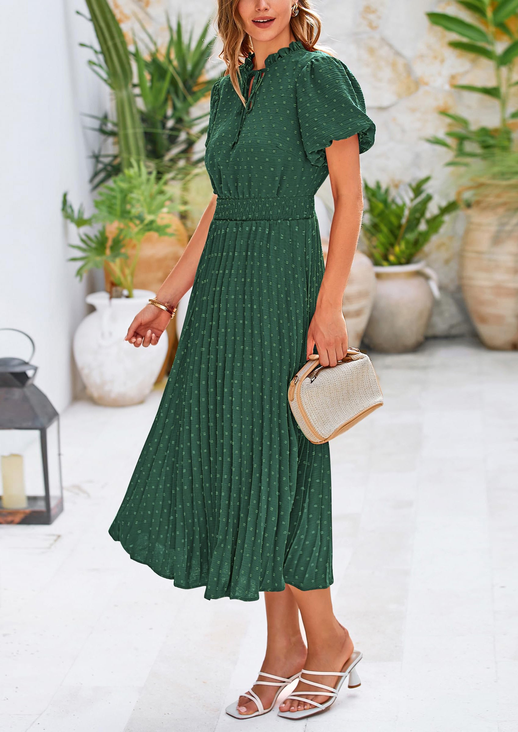 PRETTYGARDEN Womens Midi Dresses Puff Short Sleeve V Neck Swiss Dot Pleated A Line Flowy Long Wedding Guest Dress