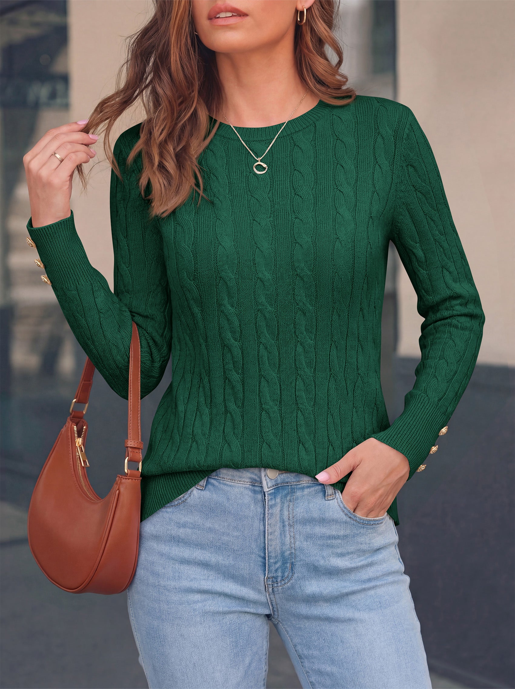PRETTYGARDEN Fall Sweaters for Women Cable Knit Long Sleeve Button Cuffs | Slim Fit Sweater Tops Dressy Casual, Ribbed Crewneck Sweater Shirts, Women's Sweaters Fall Winter, Business Casual Outfits