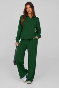 PRETTYGARDEN Women Fall 2 Piece Outfits Sweatsuits Quarter Button Long Sleeve Sweatshirt Wide Leg Pants Tracksuit Lounge Sets