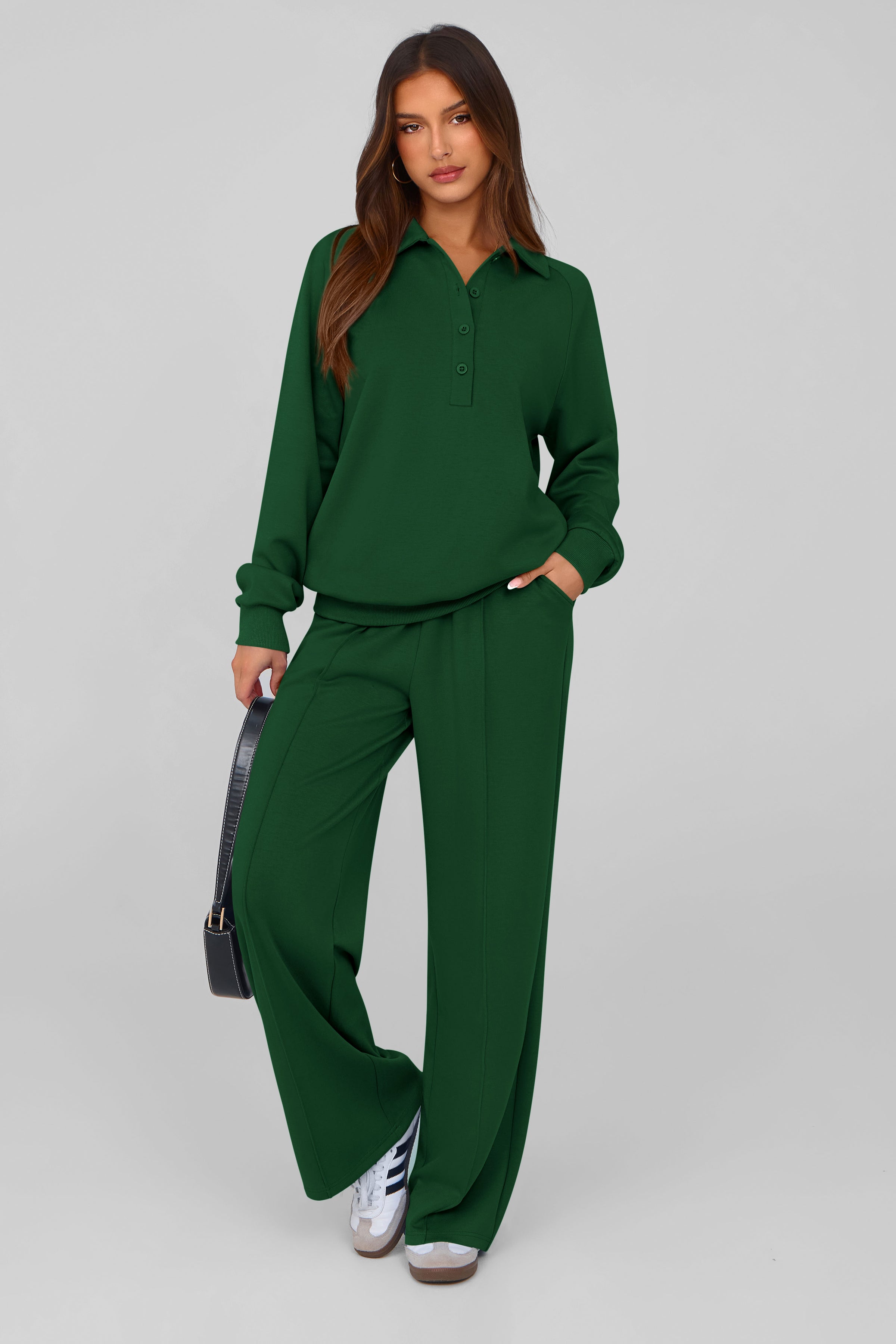 PRETTYGARDEN Women Fall 2 Piece Outfits Sweatsuits Quarter Button Long Sleeve Sweatshirt Wide Leg Pants Tracksuit Lounge Sets