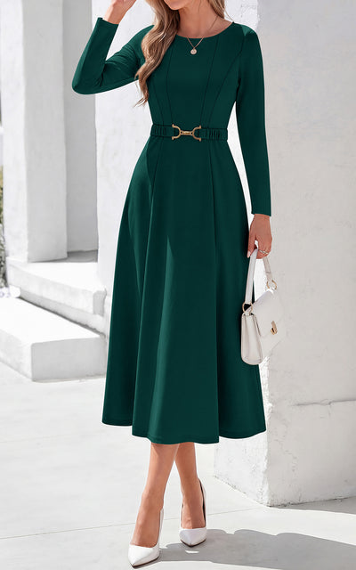 PRETTYGARDEN Women's Fall Long Sleeve Semi Formal Midi Dresses with Pockets Boat Neck, Metal Buckle Tie Waist, Flowy A Line, Elegant Classy Wedding Guest Cocktail Party Dress, Business Casual Outfits