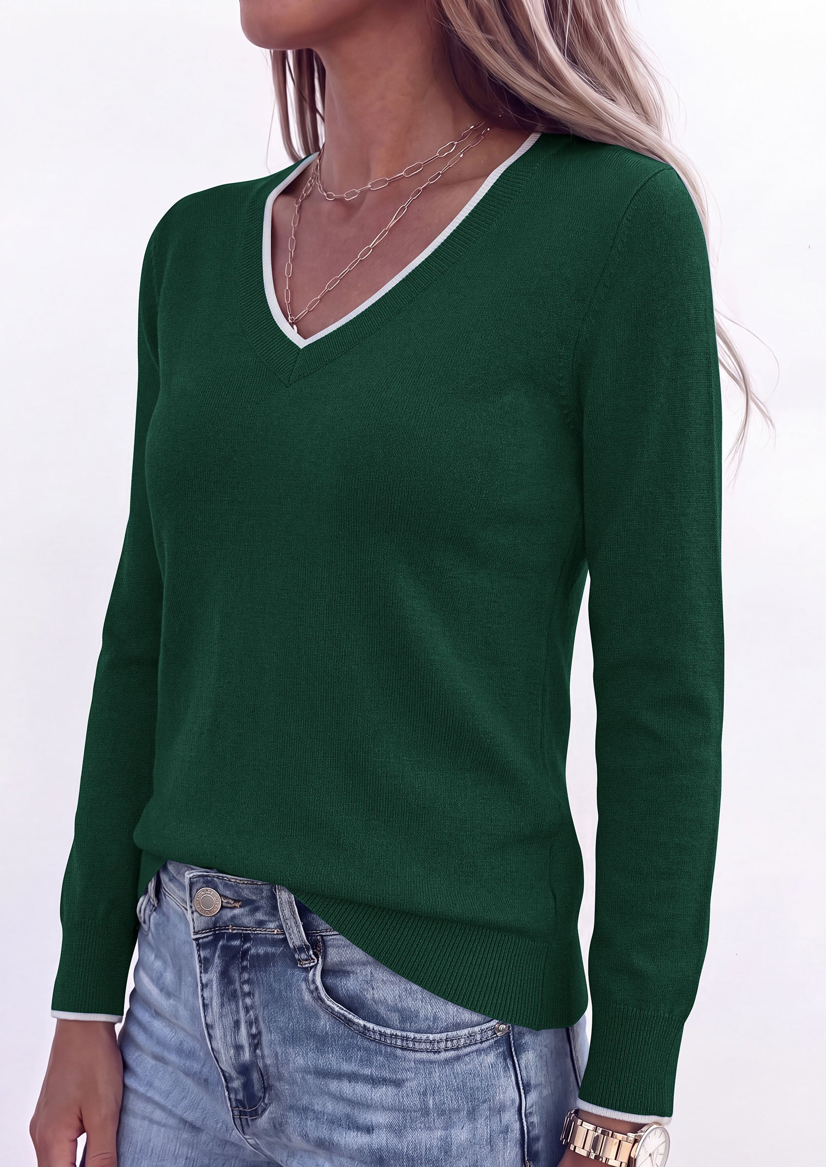 PRETTYGARDEN Women's V Neck Sweater Long Sleeve Knit Tops | Contrast Trim, Cozy Lightweight Pullover, Loose Basic Soft, Business Casual, Holiday Vacation Outfits, Fall Winter Clothes