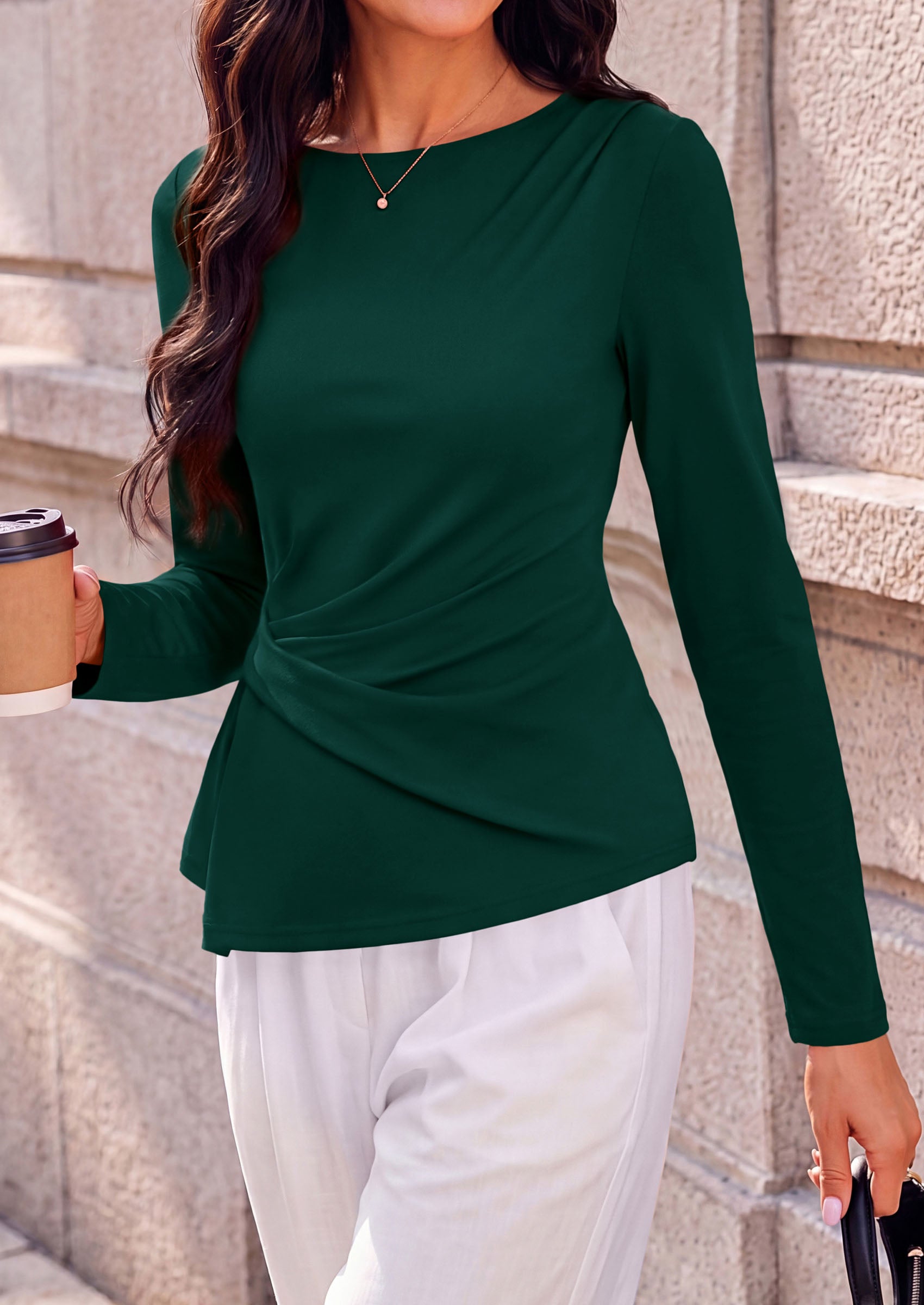 PRETTYGARDEN Womens Ruched Tops Casual Long Sleeve Shirt  Soft Stretchy Knit, Round Neck Slim Fitted Shape, Pleated Asymmetrical Hem, Office Work Daily Wear, Trendy Fall Outfits
