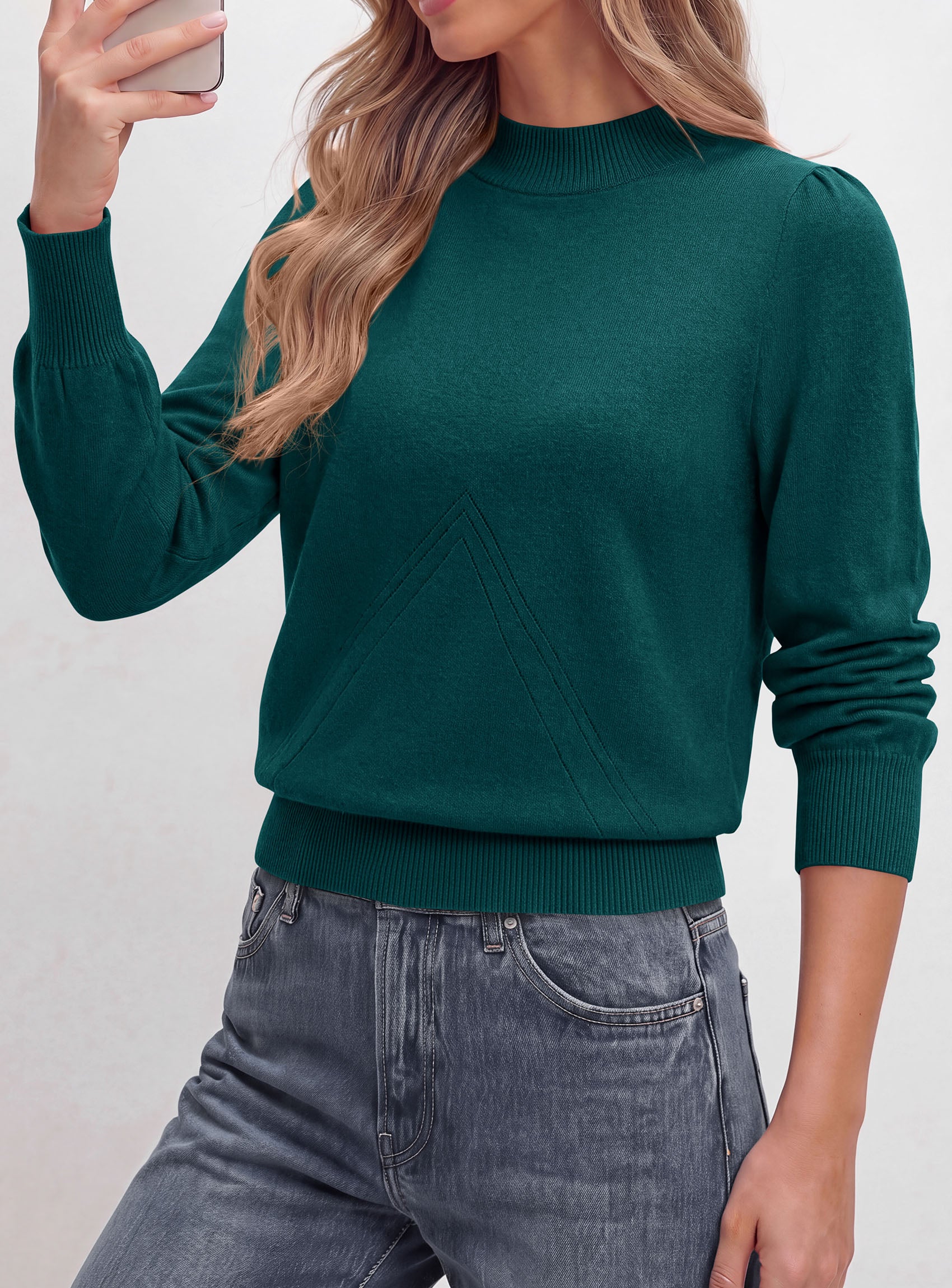 PRETTYGARDEN Womens Fall Mock Neck Long Sleeve Sweater  Soft Stretchy Fabric, V-Shape Knit Pattern, Chic Puff Sleeves, Ribbed Trim Pullover Sweaters, Casual Work Office Outfits