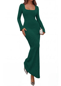 PRETTYGARDEN Women's Fall Long Sleeve Maxi Bodycon Dresses | Soft Stretchy Ribbed Knit, Bell Sleeve Square Neck Mermaid, Elegant Long Dress, Wedding Guest Party, 2026 Winter Clothing