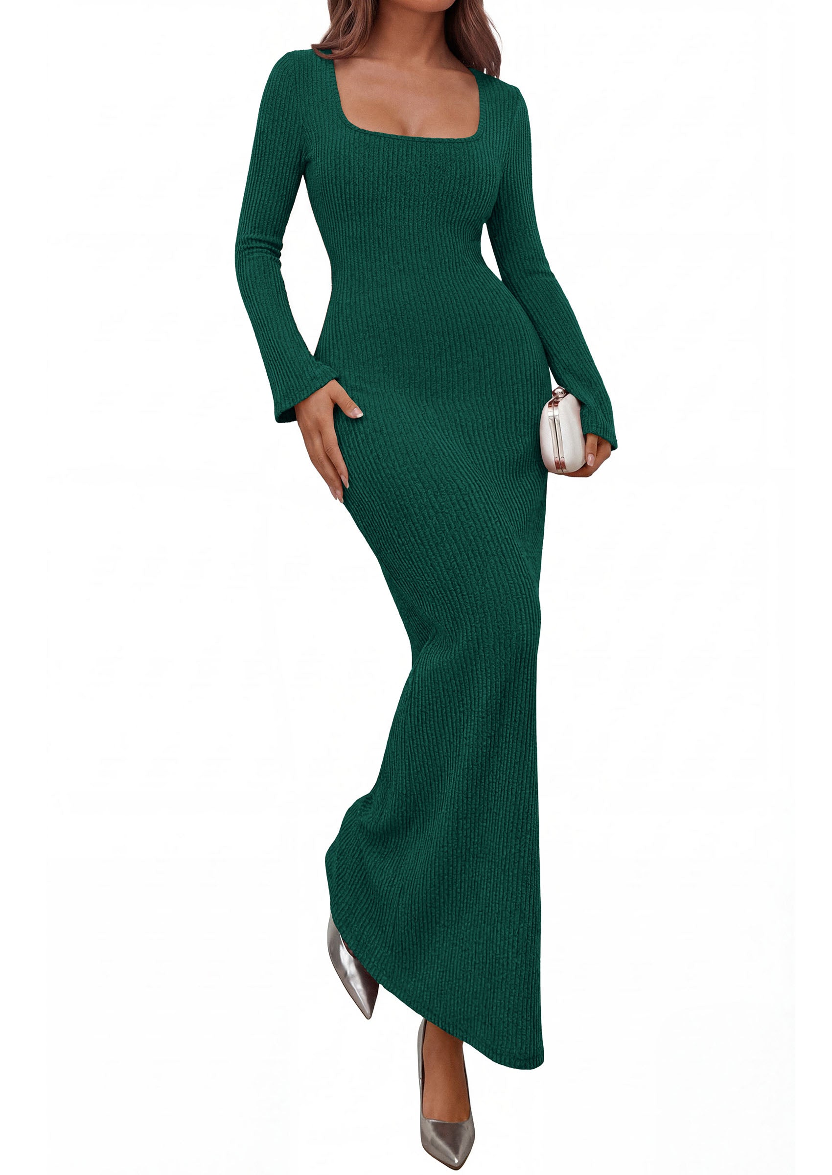PRETTYGARDEN Women's Fall Long Sleeve Maxi Bodycon Dresses | Soft Stretchy Ribbed Knit, Bell Sleeve Square Neck Mermaid, Elegant Long Dress, Wedding Guest Party, 2026 Winter Clothing