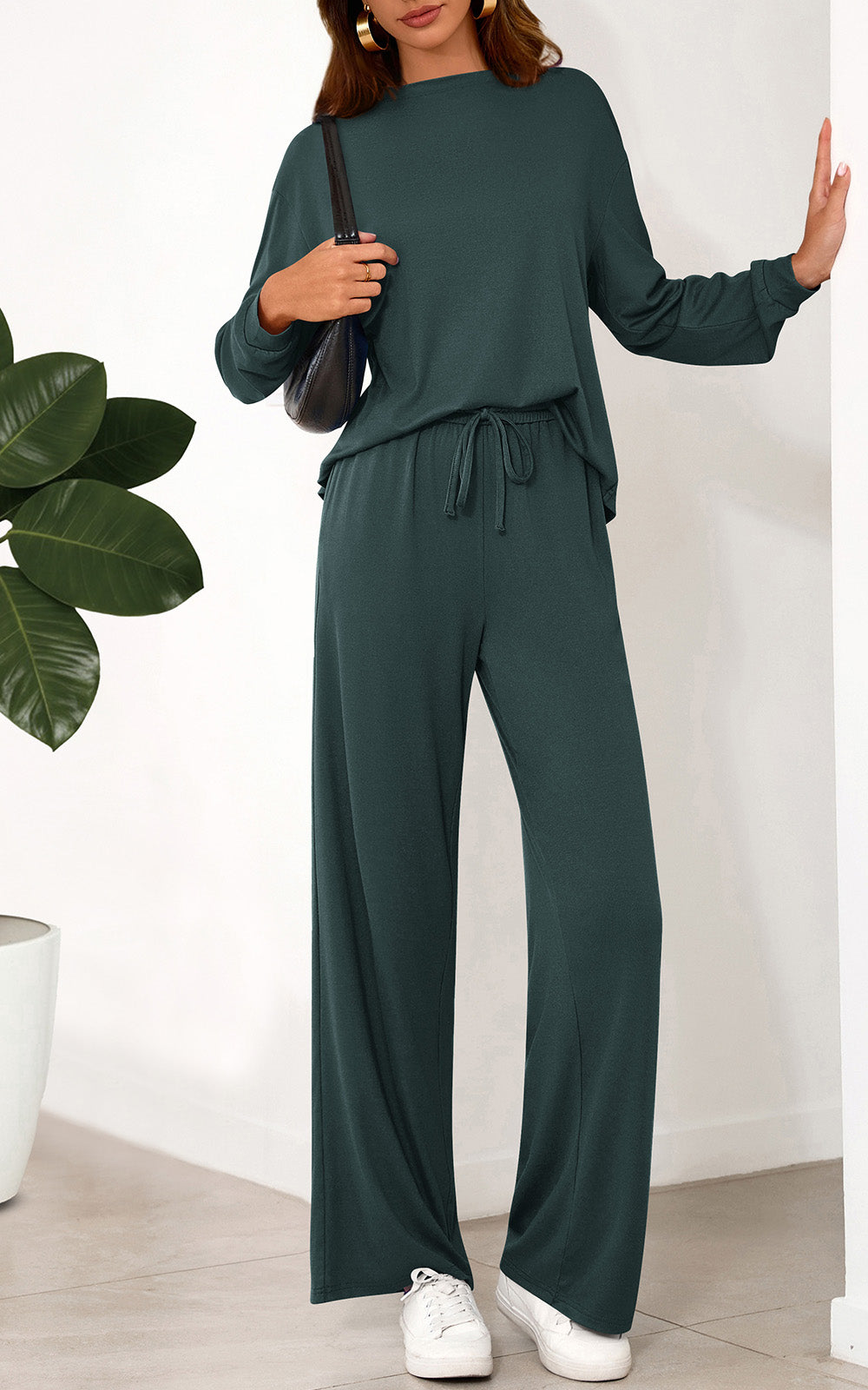 PRETTYGARDEN Womens 2 Pieces Lounge Sets Crewneck Long Sleeve Wide Leg Drawstring Pants Tracksuits Loose Fit Outfits Set