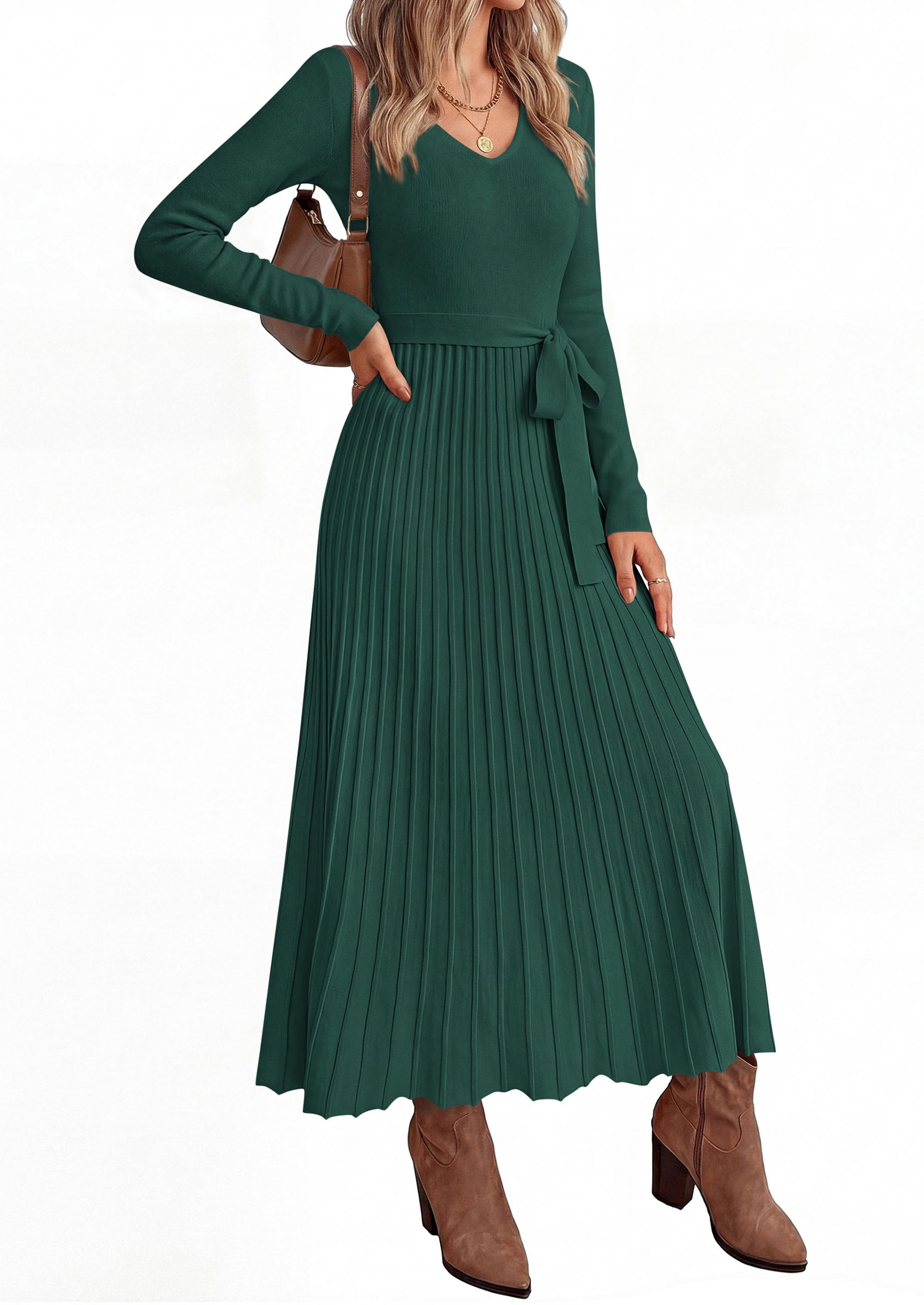 PRETTYGARDEN Womens Fall Maxi Long Sleeve Sweater Dress  Soft Stretchy Knit, V Neck A Line Dresses with Bow, Flowy Pleated Hem, Cocktail Party Outfits, Trendy Winter Clothes