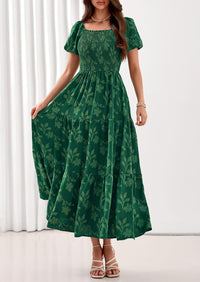 PRETTYGARDEN Women's 2026 Summer Boho Maxi Dresses Floral Short Sleeve Square Neck Smocked Flowy Long Dress Vacation Outfits PRETTYGARDEN