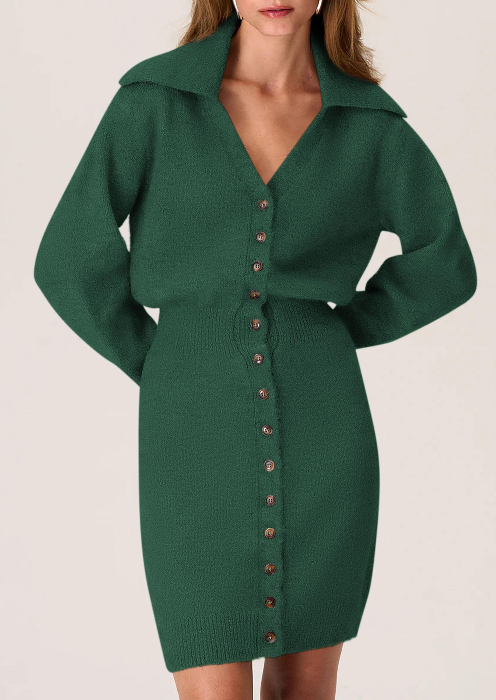 PRETTYGARDEN Sweater Dresses for Women Trendy Long Sleeve Button Down Short Spring Dress