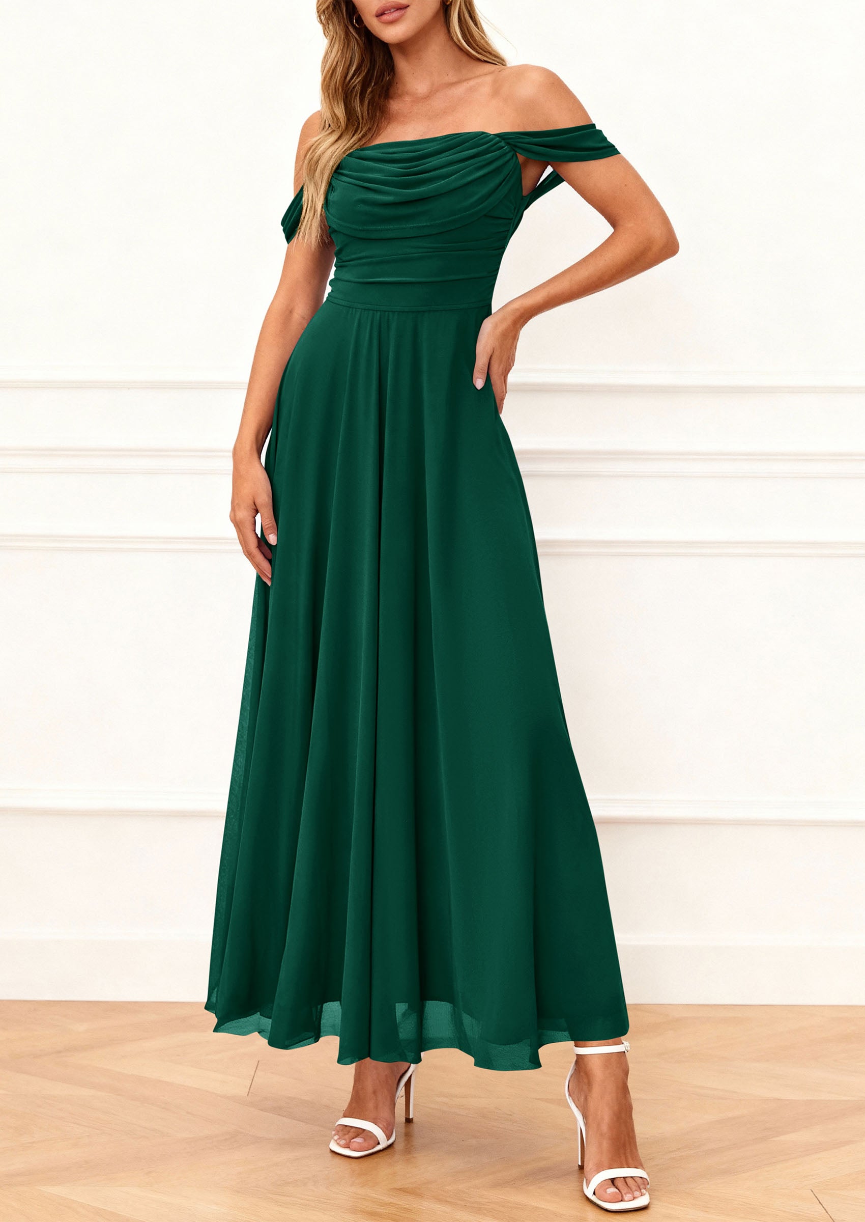 PRETTYGARDEN Womens Off Shoulder Maxi Summer Dresses 2026 Elegant Mesh Aline Swing Ruched Flowy Cocktail Wedding Guest Dress PRETTYGARDEN