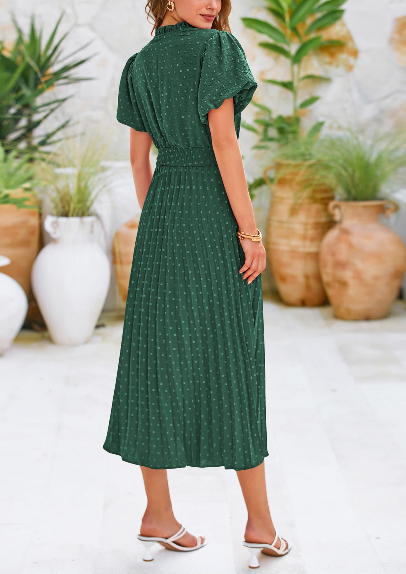 PRETTYGARDEN Womens Midi Dresses Puff Short Sleeve V Neck Swiss Dot Pleated A Line Flowy Long Wedding Guest Dress