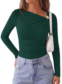 PRETTYGARDEN Long Sleeve Shirts for Women 2026 Ruched Knit Asymmetrical Tight Fitted Going Out Tops Y2k Fall Clothes