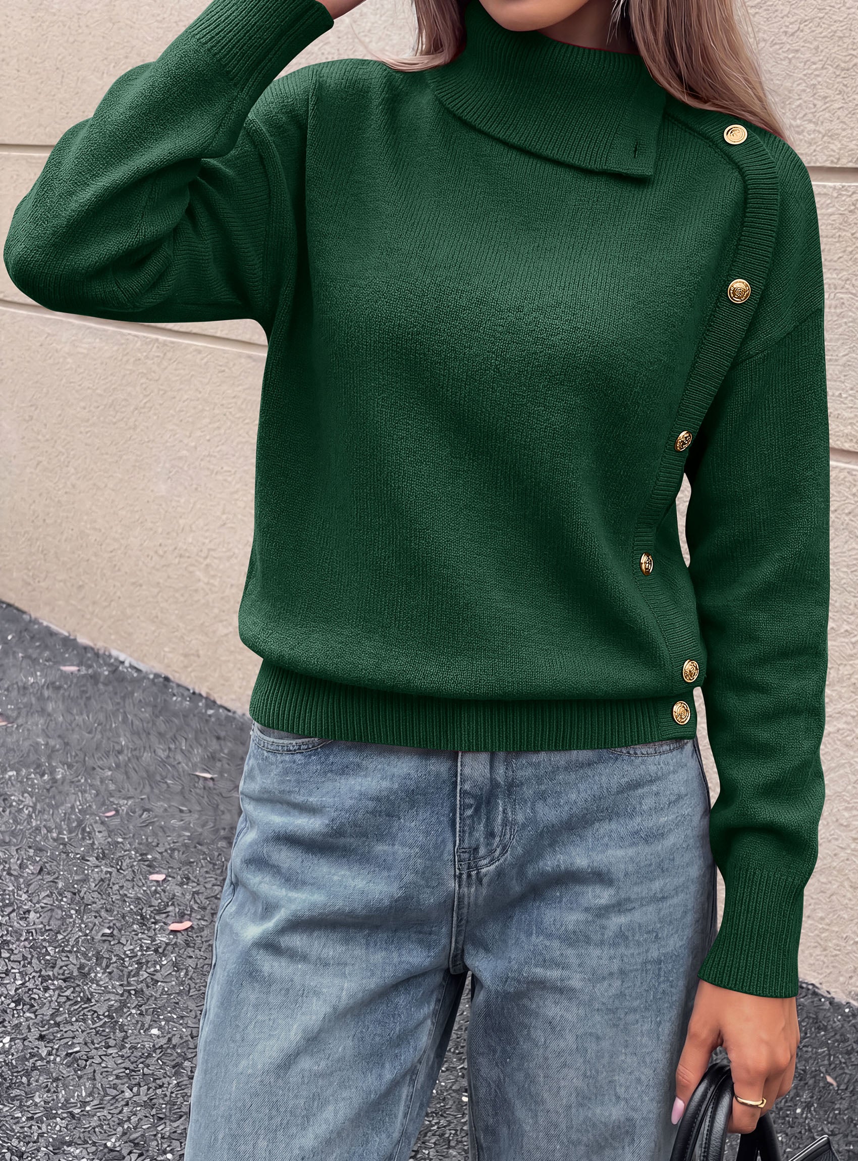 PRETTYGARDEN Womens Turtleneck Sweater Pullover Side Button Fall Clothes  Stretchy Knit,Dropped Shoulder,Ribbed Cuffs,Asymmetrical,Jumper Long Sleeve Tops,Work Office,2026 Winter Casual Outfits