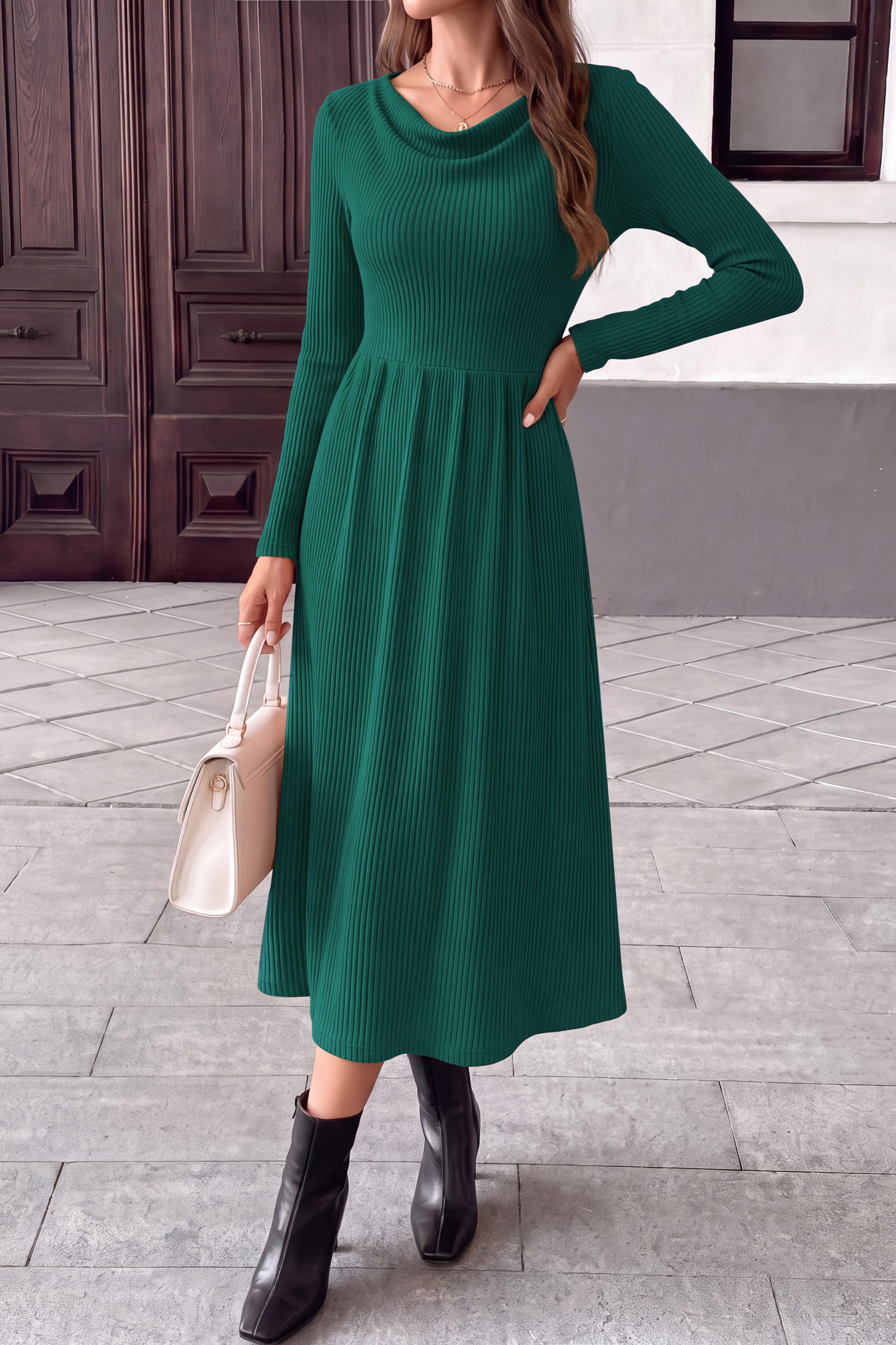 PRETTYGARDEN Women Casual Cowl Neck Long Sleeve Midi Dress