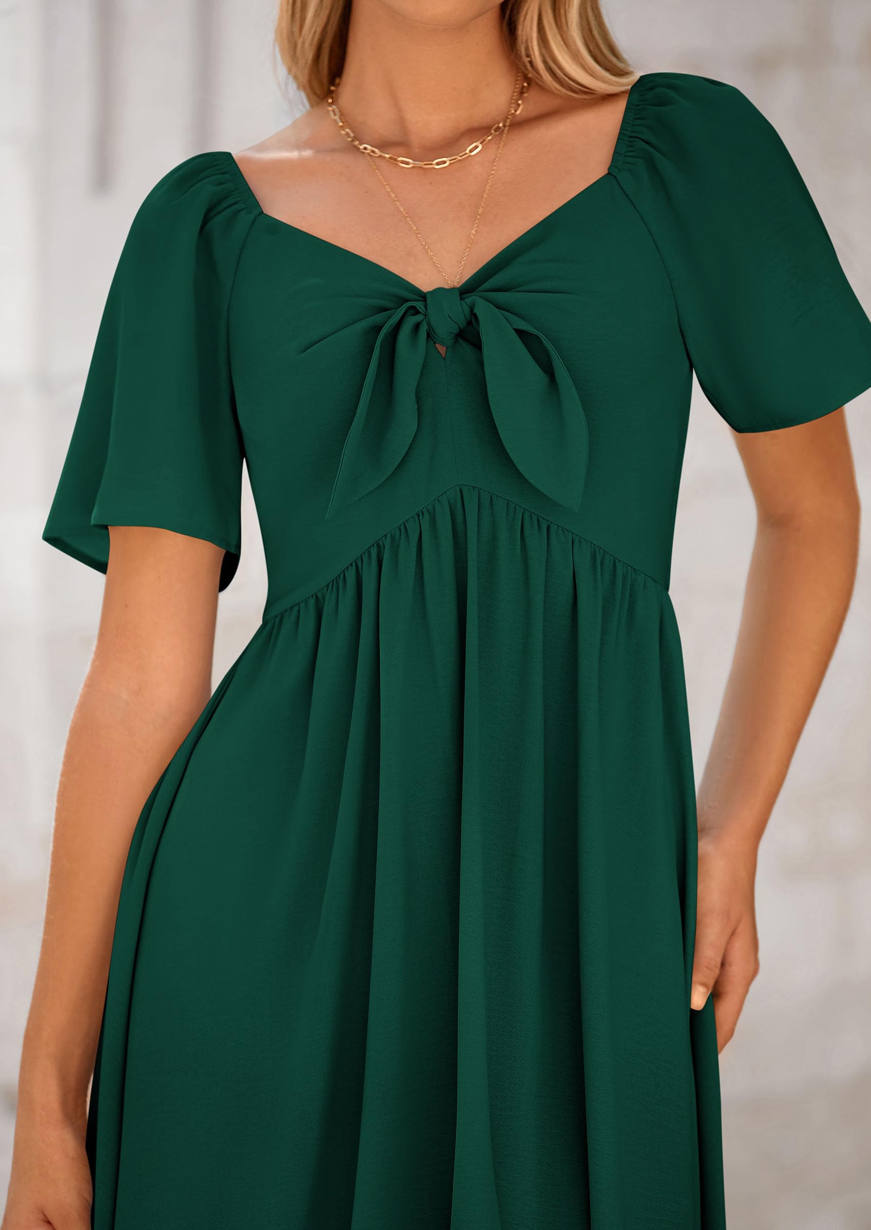 PRETTYGARDEN Summer Dress for Women Casual Short Sleeve Bow Tie V Neck Ruffle Midi Flowy Dresses