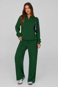 PRETTYGARDEN Women Fall 2 Piece Outfits Sweatsuits Quarter Button Long Sleeve Sweatshirt Wide Leg Pants Tracksuit Lounge Sets