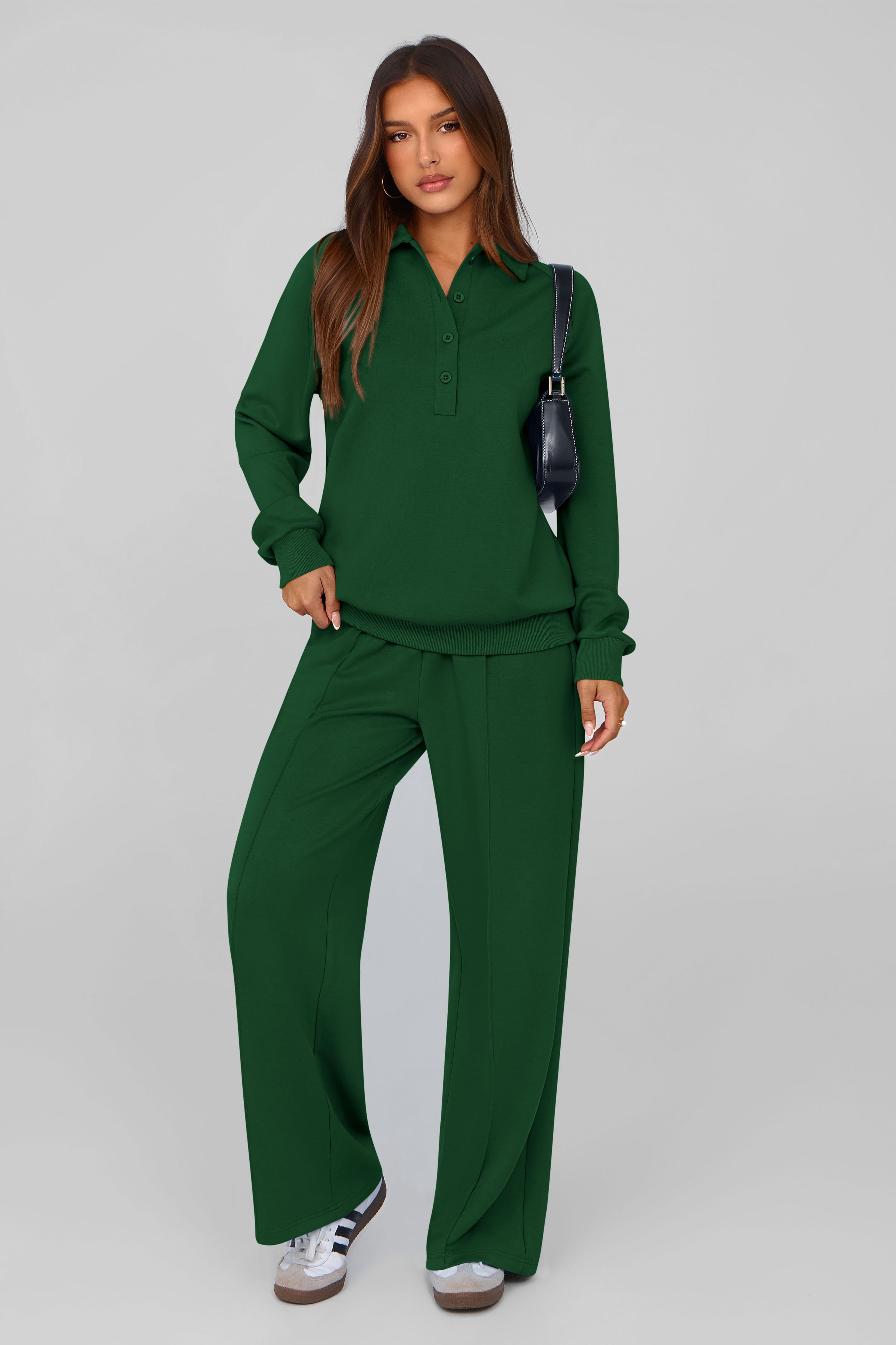 PRETTYGARDEN Women Fall 2 Piece Outfits Sweatsuits Quarter Button Long Sleeve Sweatshirt Wide Leg Pants Tracksuit Lounge Sets