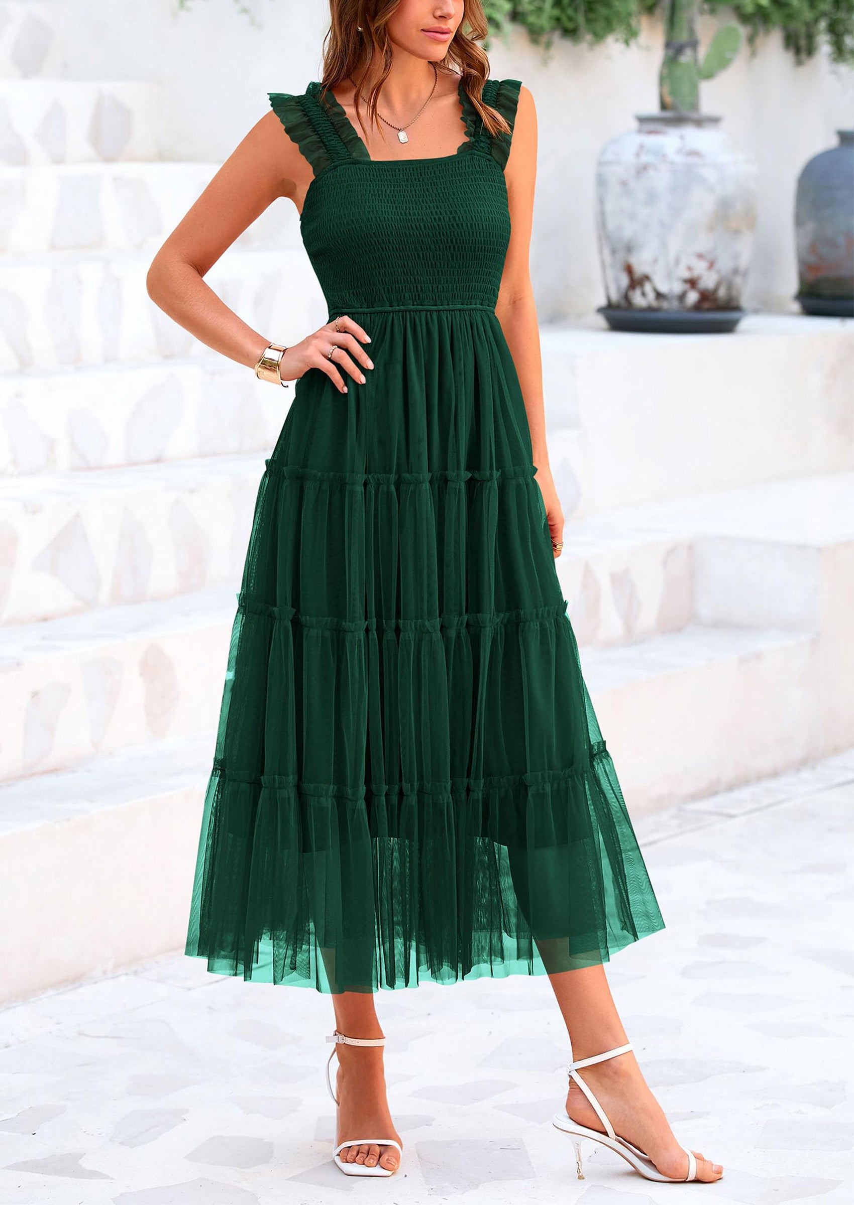 PRETTYGARDEN Women's Tulle Midi Dress Sleeveless Smocked Ruffle Mesh Flowy Dresses Party Wedding Guest Sundress