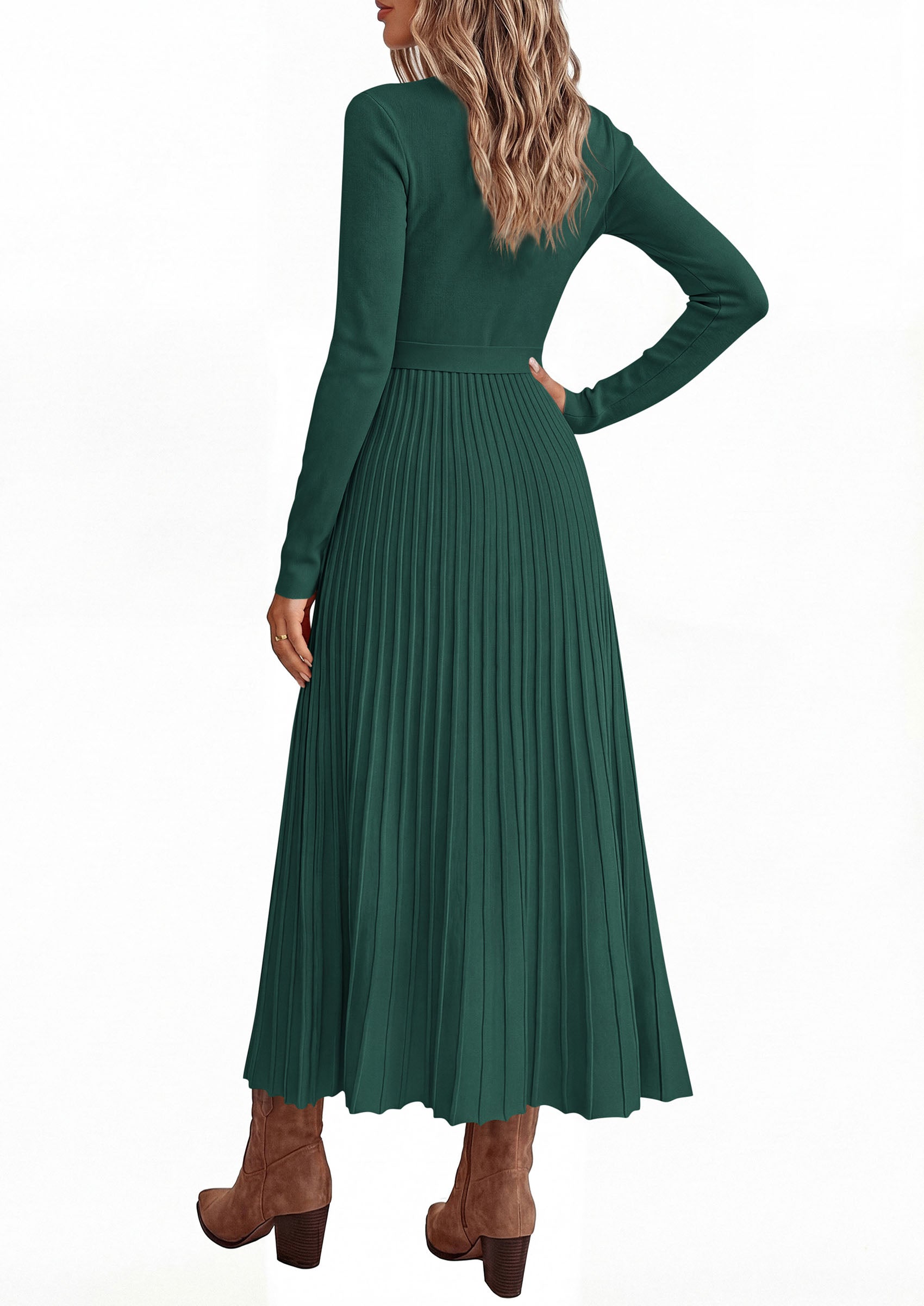 PRETTYGARDEN Womens Fall Maxi Long Sleeve Sweater Dress  Soft Stretchy Knit, V Neck A Line Dresses with Bow, Flowy Pleated Hem, Cocktail Party Outfits, Trendy Winter Clothes