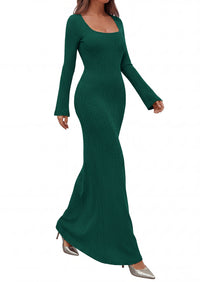 PRETTYGARDEN Women's Fall Long Sleeve Maxi Bodycon Dresses | Soft Stretchy Ribbed Knit, Bell Sleeve Square Neck Mermaid, Elegant Long Dress, Wedding Guest Party, 2026 Winter Clothing