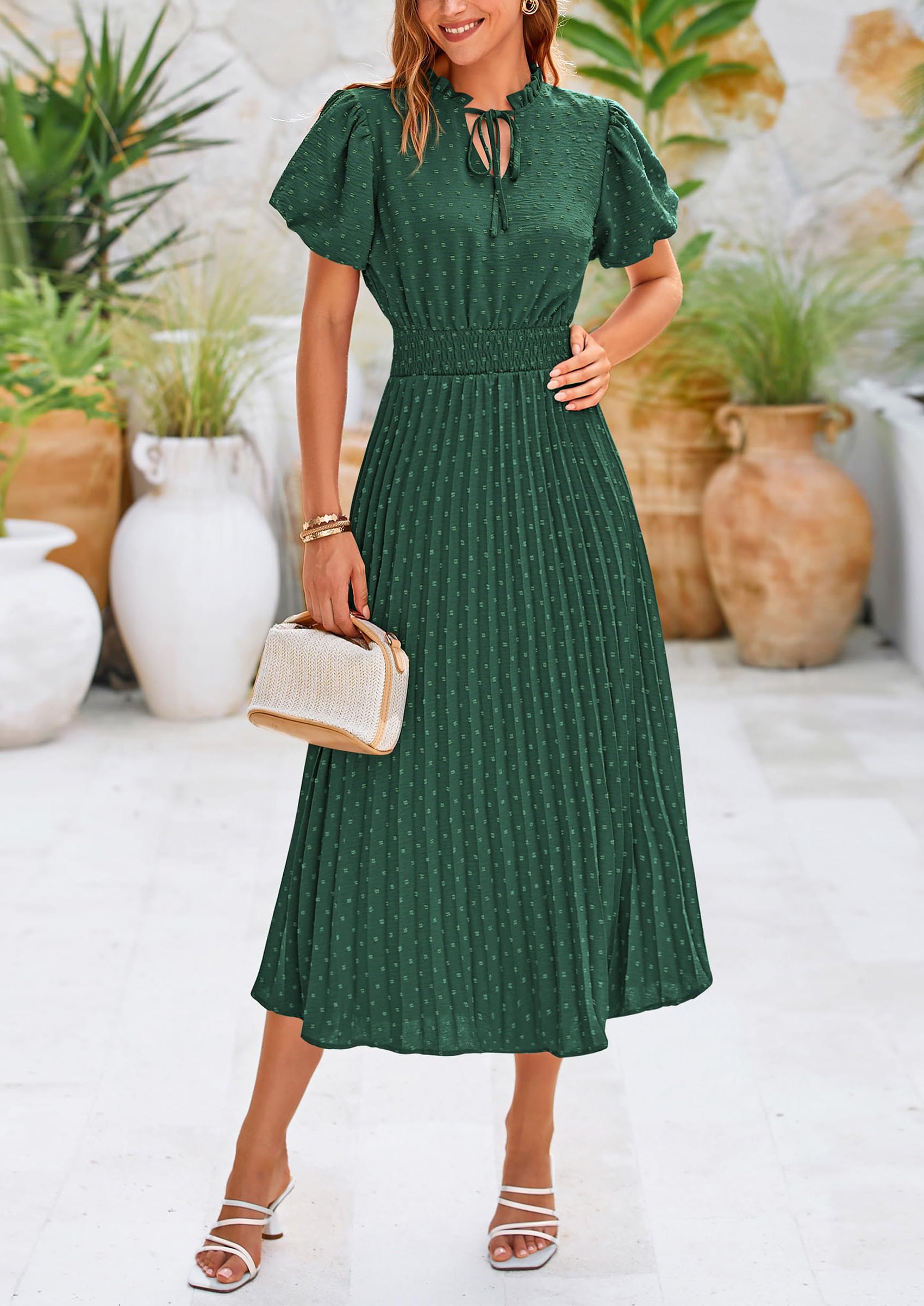 PRETTYGARDEN Womens Midi Dresses Puff Short Sleeve V Neck Swiss Dot Pleated A Line Flowy Long Wedding Guest Dress