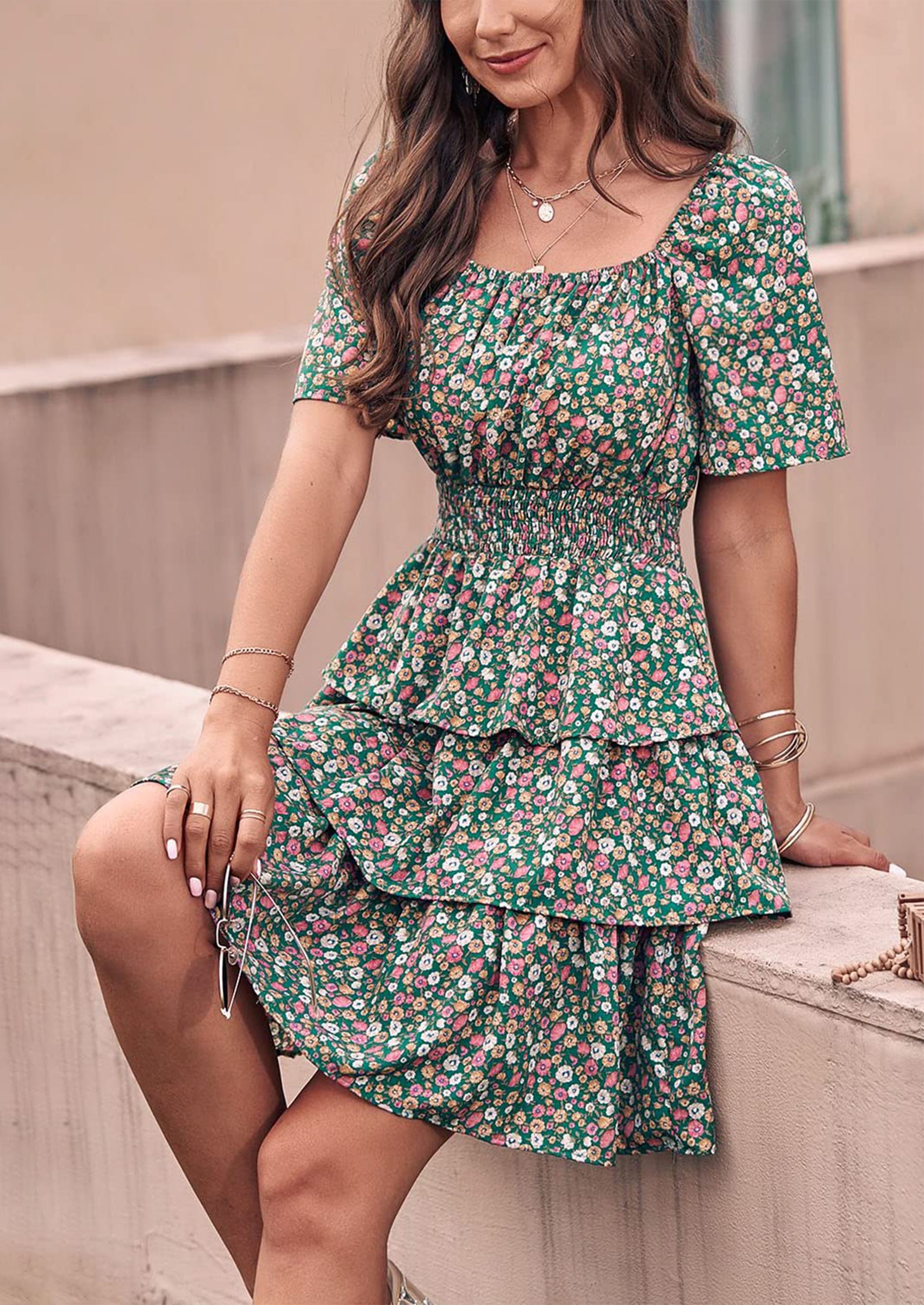 PRETTYGARDEN Women Floral Square Neck Short Sleeve Tiered Ruffle Boho Mini Dresses