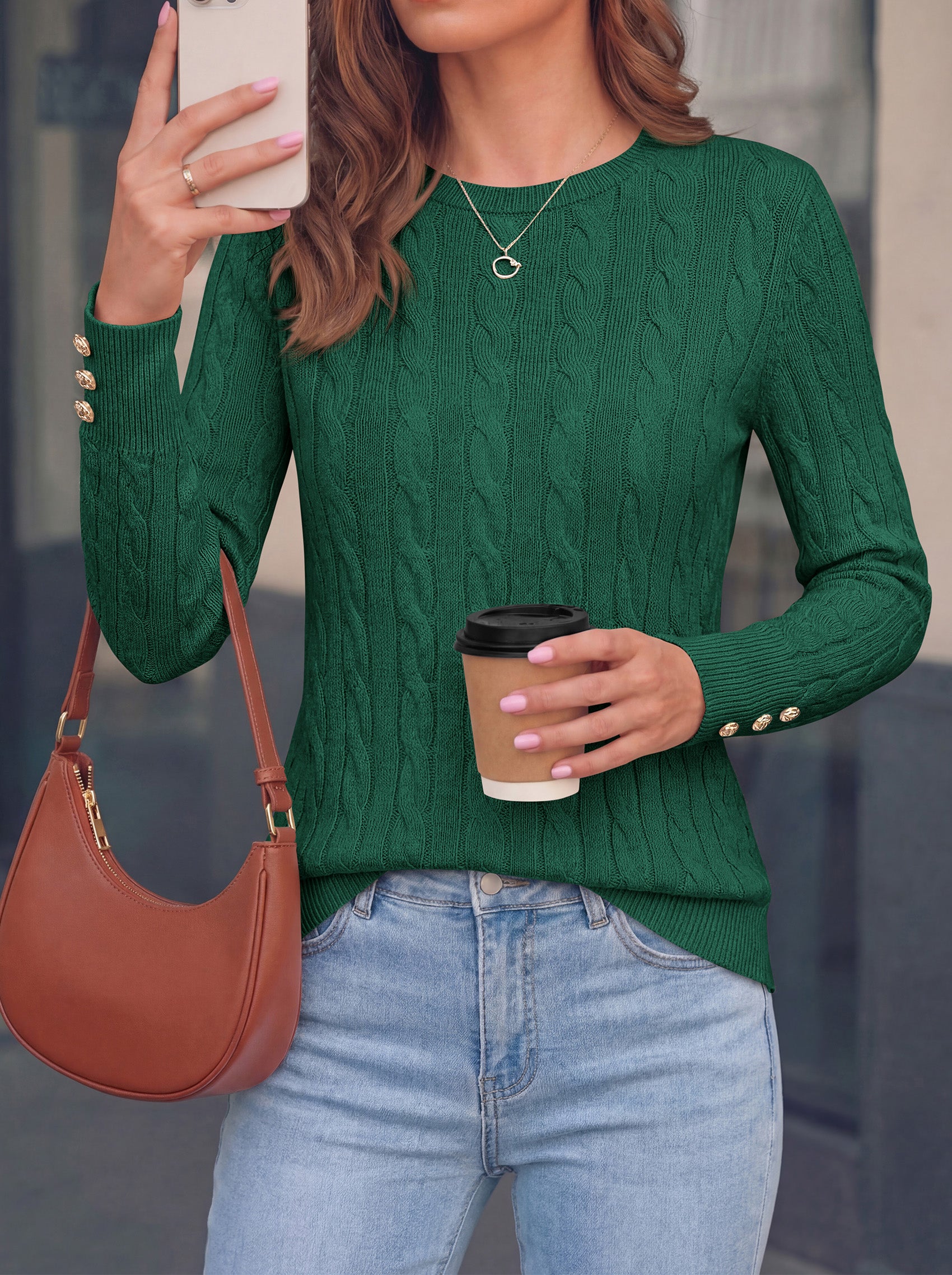 PRETTYGARDEN Fall Sweaters for Women Cable Knit Long Sleeve Button Cuffs | Slim Fit Sweater Tops Dressy Casual, Ribbed Crewneck Sweater Shirts, Women's Sweaters Fall Winter, Business Casual Outfits