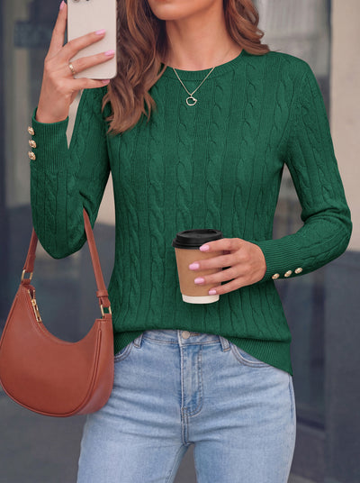 PRETTYGARDEN Fall Sweaters for Women Cable Knit Long Sleeve Button Cuffs | Slim Fit Sweater Tops Dressy Casual, Ribbed Crewneck Sweater Shirts, Women's Sweaters Fall Winter, Business Casual Outfits
