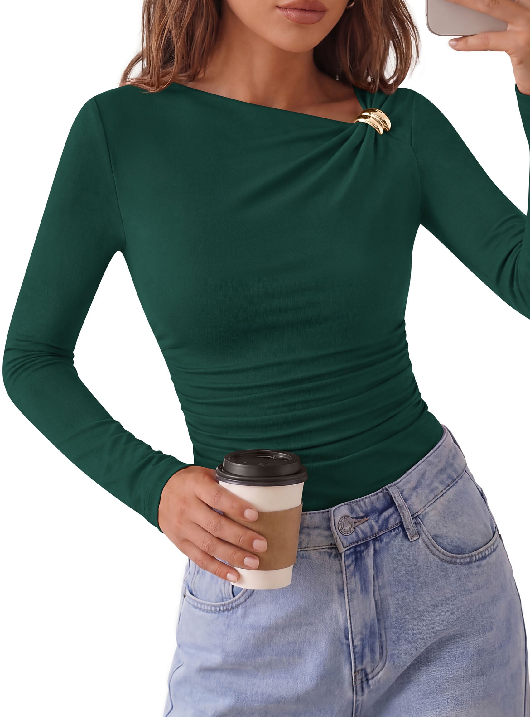 PRETTYGARDEN Long Sleeve Shirts for Women 2026 Ruched Knit Asymmetrical Tight Fitted Going Out Tops Y2k Fall Clothes
