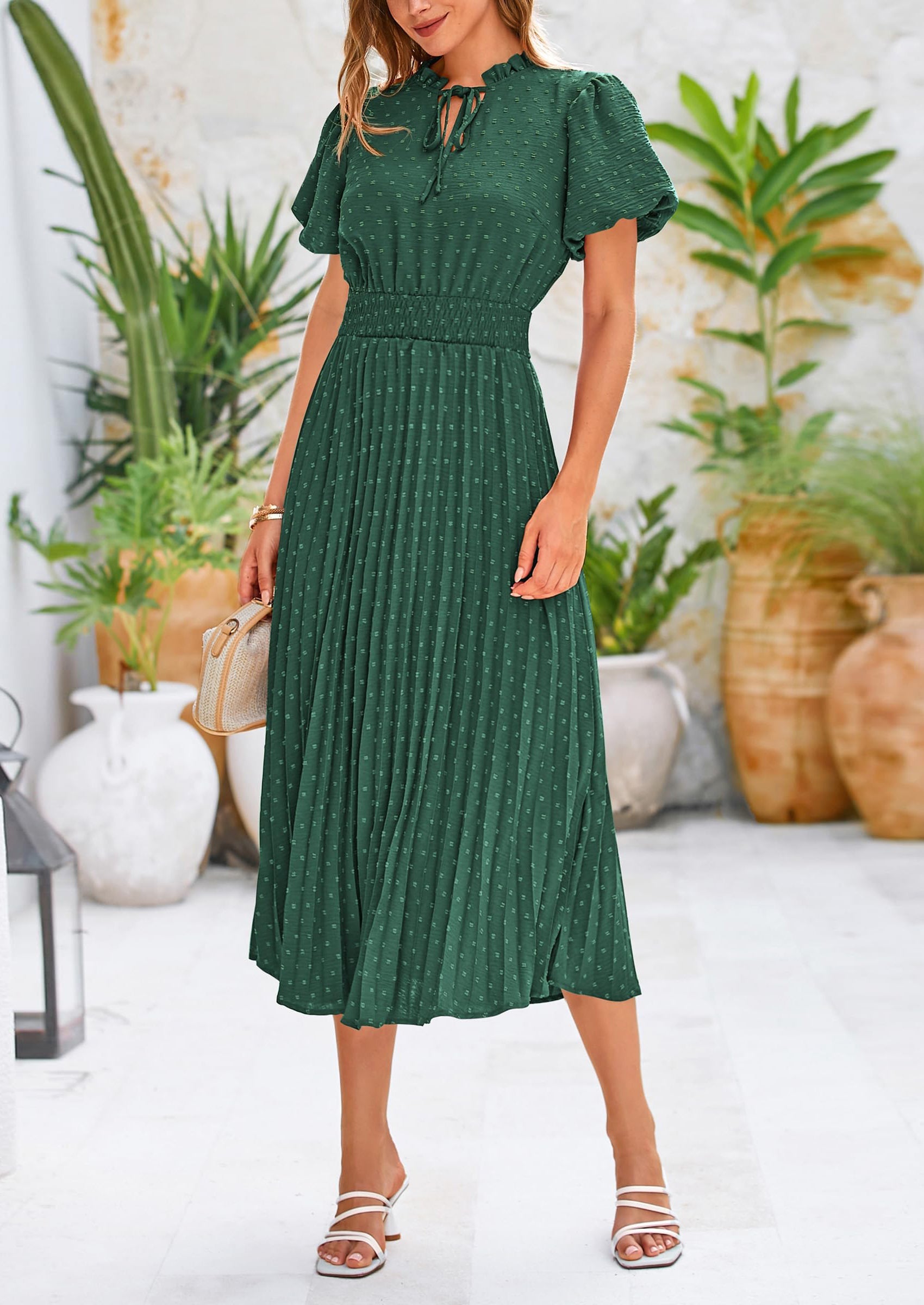 PRETTYGARDEN Womens Midi Dresses Puff Short Sleeve V Neck Swiss Dot Pl PRETTYGARDEN Womens Midi Dresses Puff Short Sleeve V Neck Swiss Dot Pl