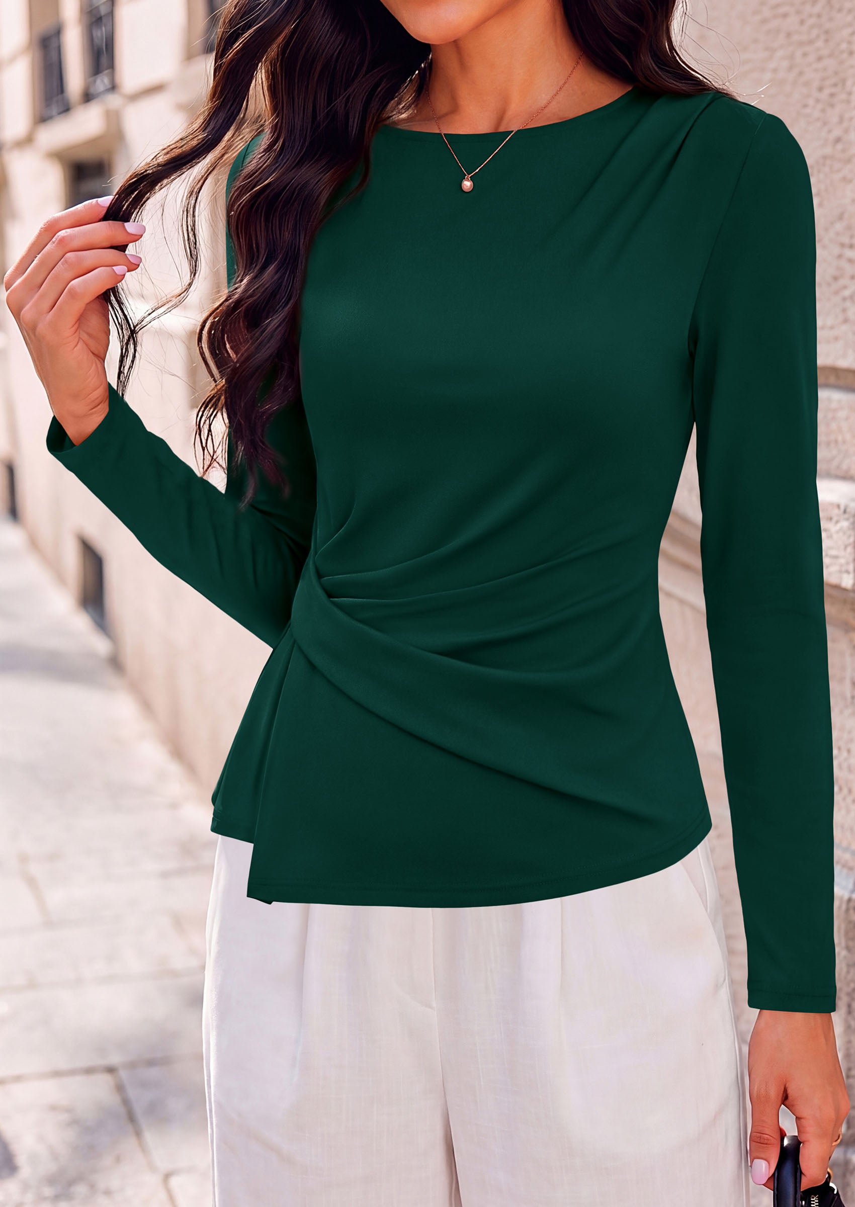PRETTYGARDEN Womens Ruched Tops Casual Long Sleeve Shirt  Soft Stretchy Knit, Round Neck Slim Fitted Shape, Pleated Asymmetrical Hem, Office Work Daily Wear, Trendy Fall Outfits