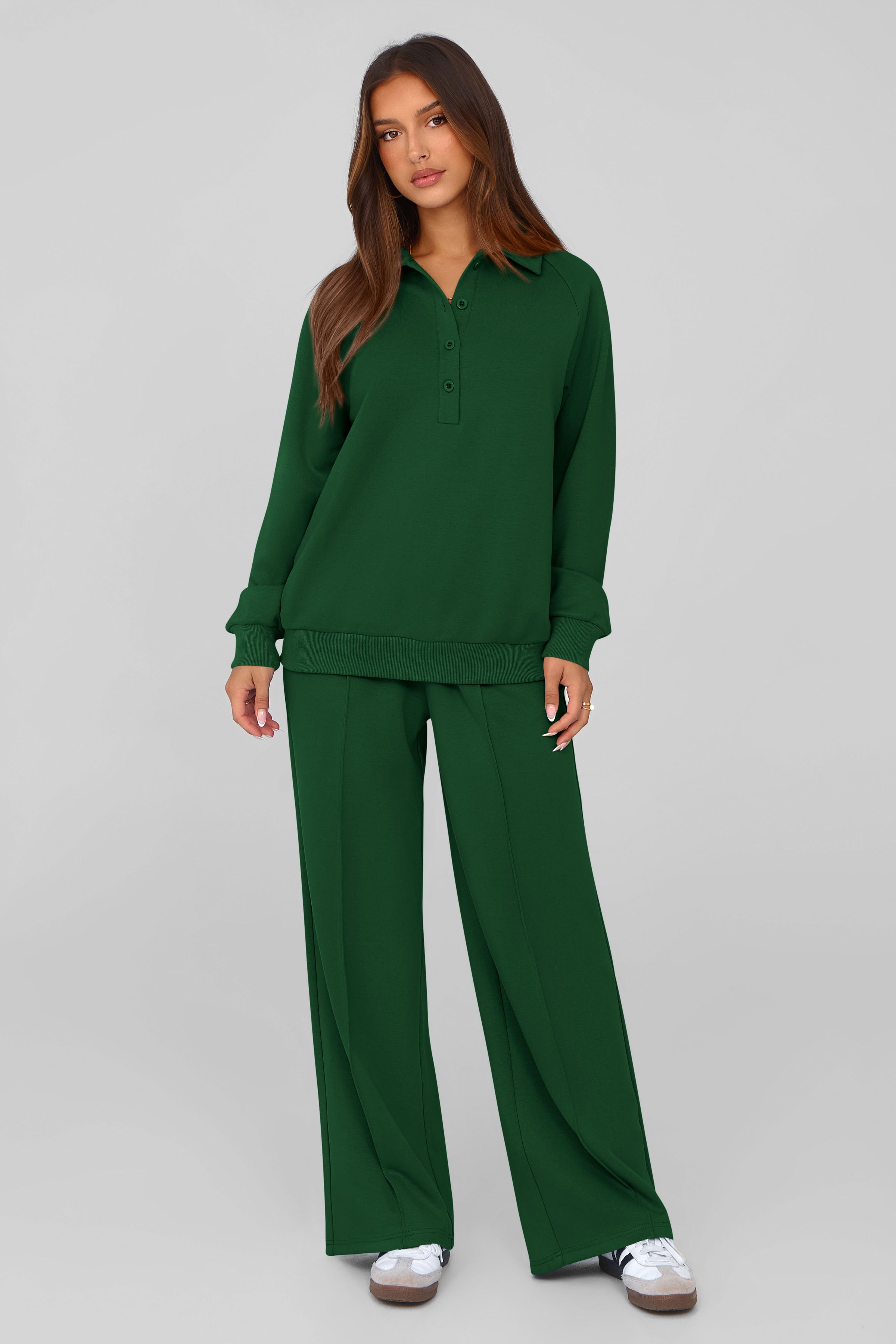PRETTYGARDEN Women Fall 2 Piece Outfits Sweatsuits Quarter Button Long Sleeve Sweatshirt Wide Leg Pants Tracksuit Lounge Sets