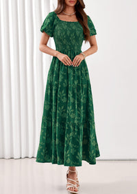 PRETTYGARDEN Women's 2026 Summer Boho Maxi Dresses Floral Short Sleeve Square Neck Smocked Flowy Long Dress Vacation Outfits PRETTYGARDEN
