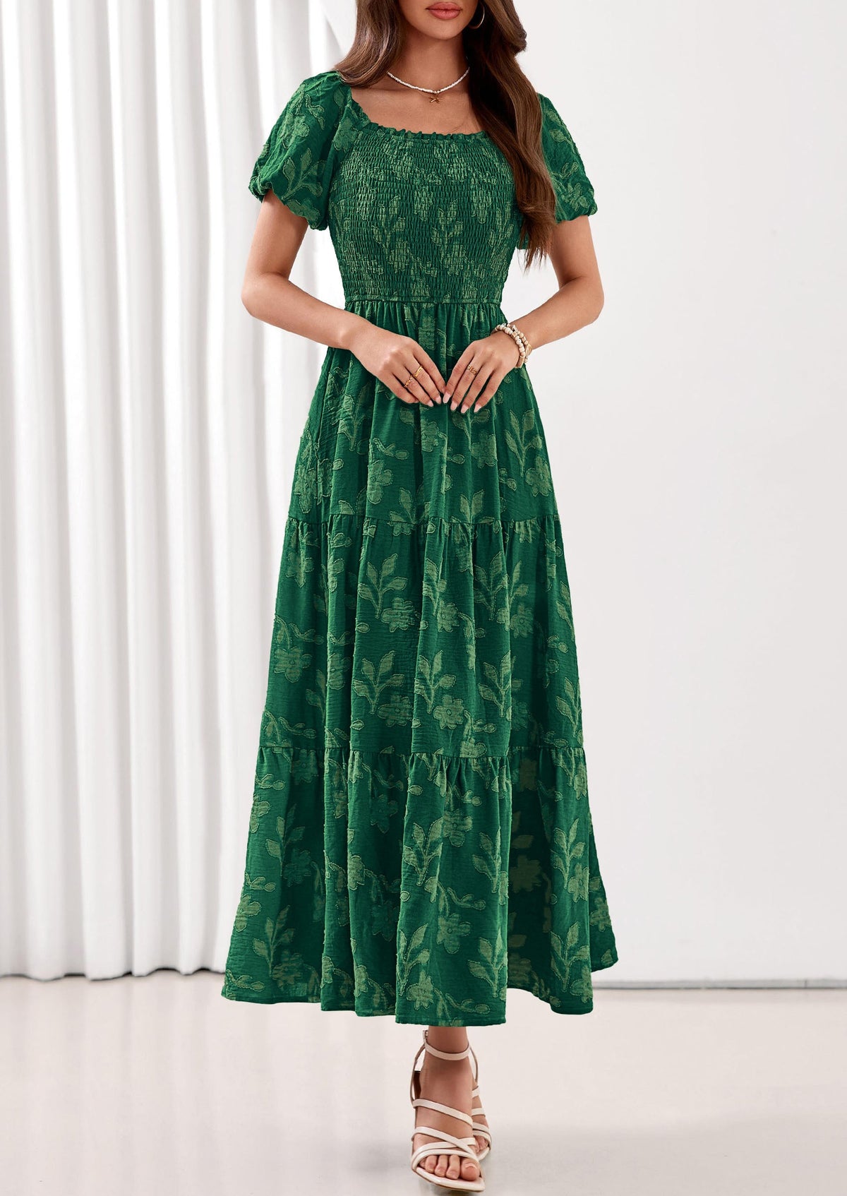 PRETTYGARDEN Women's 2026 Summer Boho Maxi Dresses Floral Short Sleeve Square Neck Smocked Flowy Long Dress Vacation Outfits PRETTYGARDEN