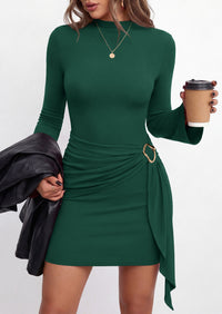 PRETTYGARDEN Women Long Sleeve Bodycon Ruched Mini Dress | Mock Neck Gold Buckle, Slim Fit, Weeding Guest Dress, Elegant Dressy Casual, Cocktail Party Date Night, Fall Winter Outfits