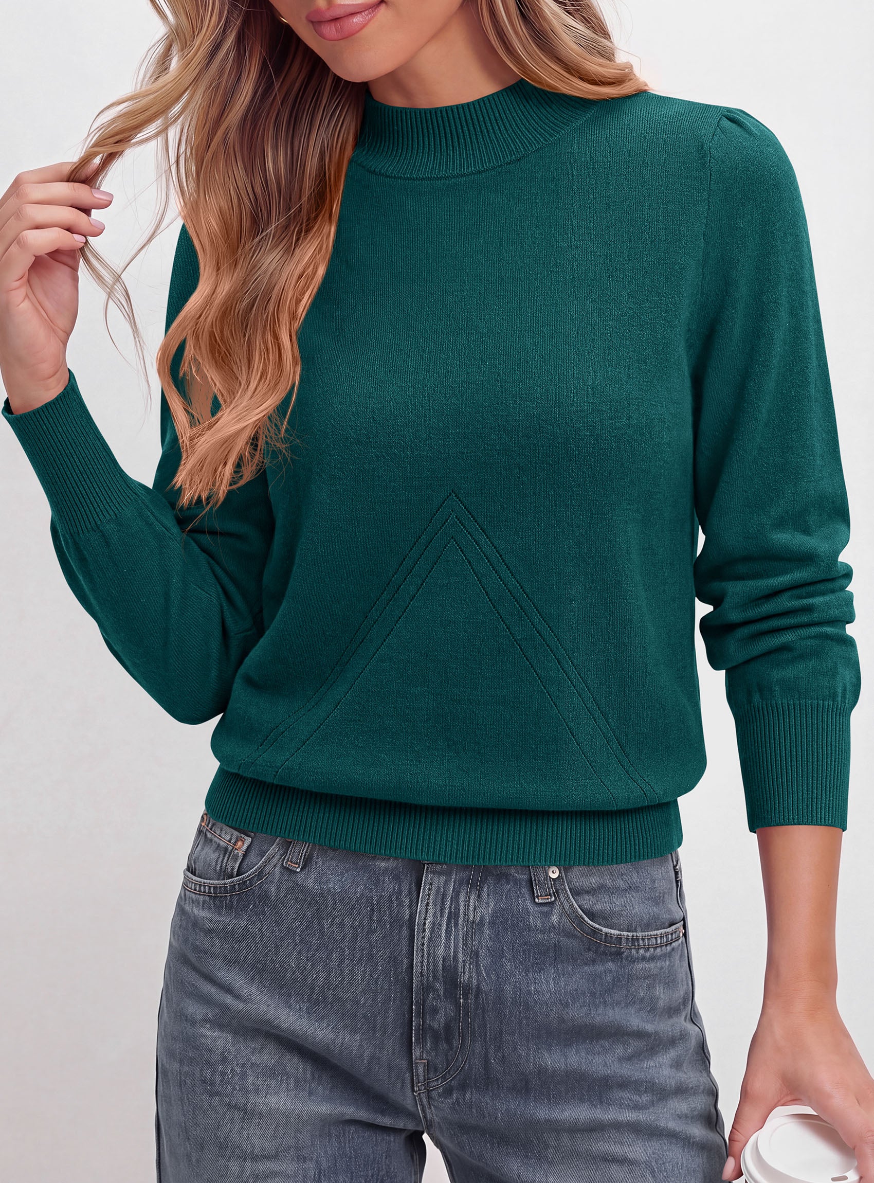 PRETTYGARDEN Womens Fall Mock Neck Long Sleeve Sweater  Soft Stretchy Fabric, V-Shape Knit Pattern, Chic Puff Sleeves, Ribbed Trim Pullover Sweaters, Casual Work Office Outfits