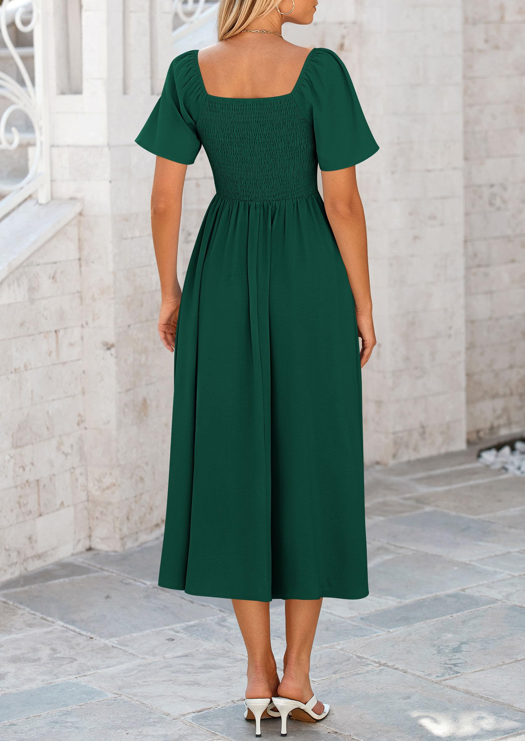 PRETTYGARDEN Summer Dress for Women Casual Short Sleeve Bow Tie V Neck Ruffle Midi Flowy Dresses