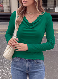 PRETTYGARDEN Cowl Neck Tops for Women Fashion Long Sleeve Shirt  Comfy Ruched Shirts, Soft Lightweight Knit, Chic Cowl Neck Top, Casual Going Out Outfits, Fall Winter Trendy Clothes