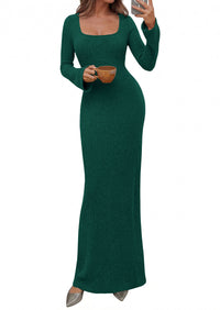 PRETTYGARDEN Women's Fall Long Sleeve Maxi Bodycon Dresses | Soft Stretchy Ribbed Knit, Bell Sleeve Square Neck Mermaid, Elegant Long Dress, Wedding Guest Party, 2026 Winter Clothing
