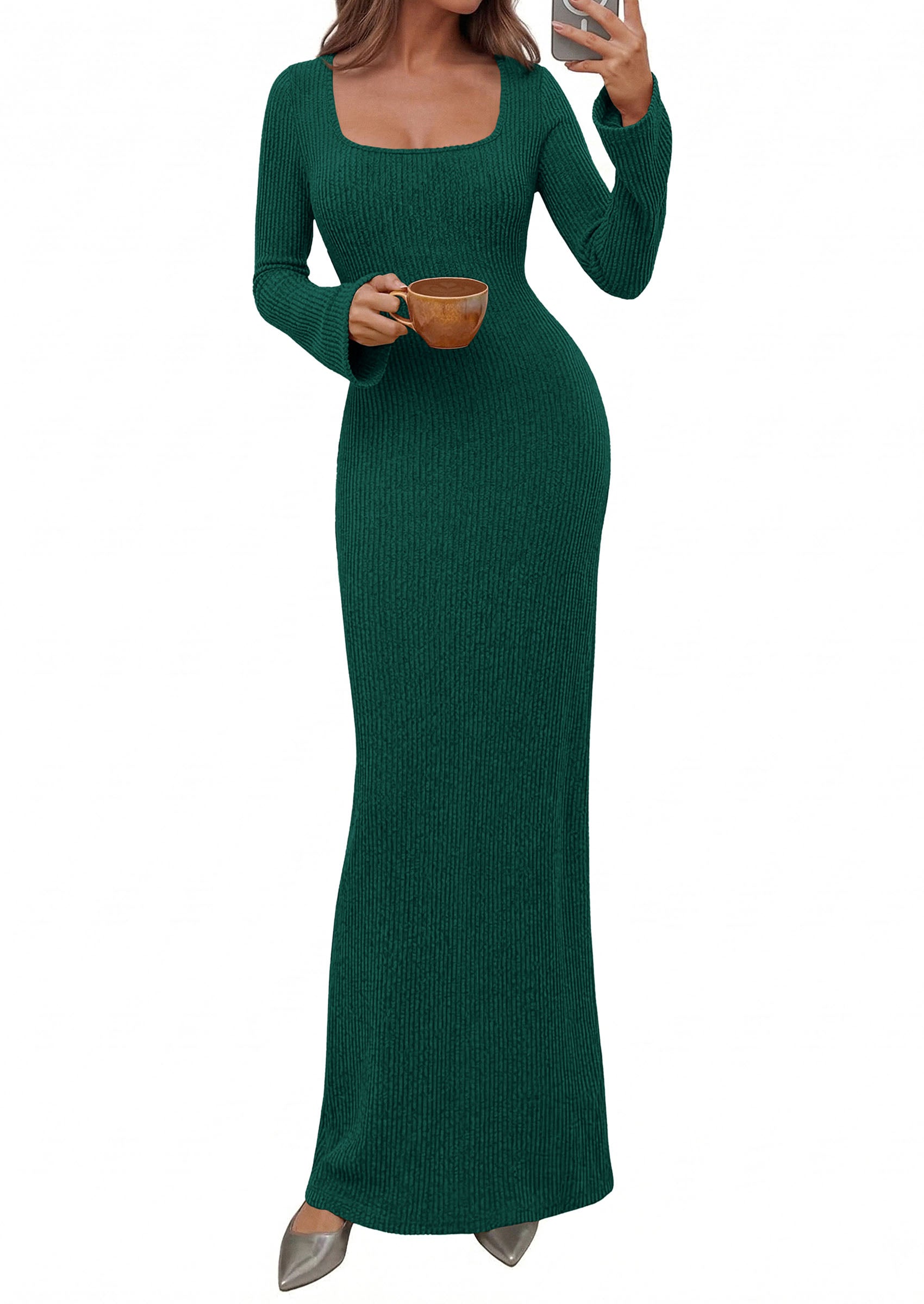 PRETTYGARDEN Women's Fall Long Sleeve Maxi Bodycon Dresses | Soft Stretchy Ribbed Knit, Bell Sleeve Square Neck Mermaid, Elegant Long Dress, Wedding Guest Party, 2026 Winter Clothing