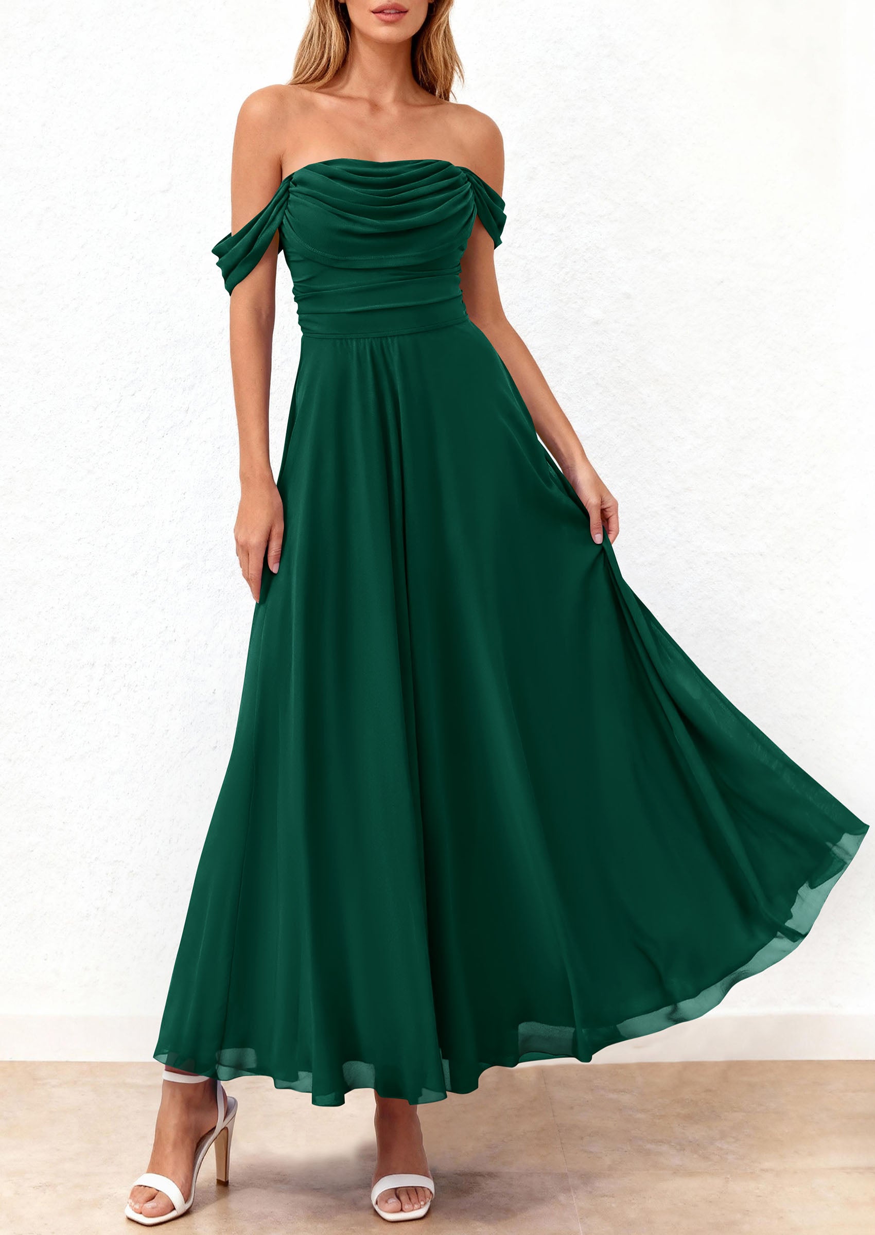 PRETTYGARDEN Womens Off Shoulder Maxi Summer Dresses 2026 Elegant Mesh Aline Swing Ruched Flowy Cocktail Wedding Guest Dress PRETTYGARDEN